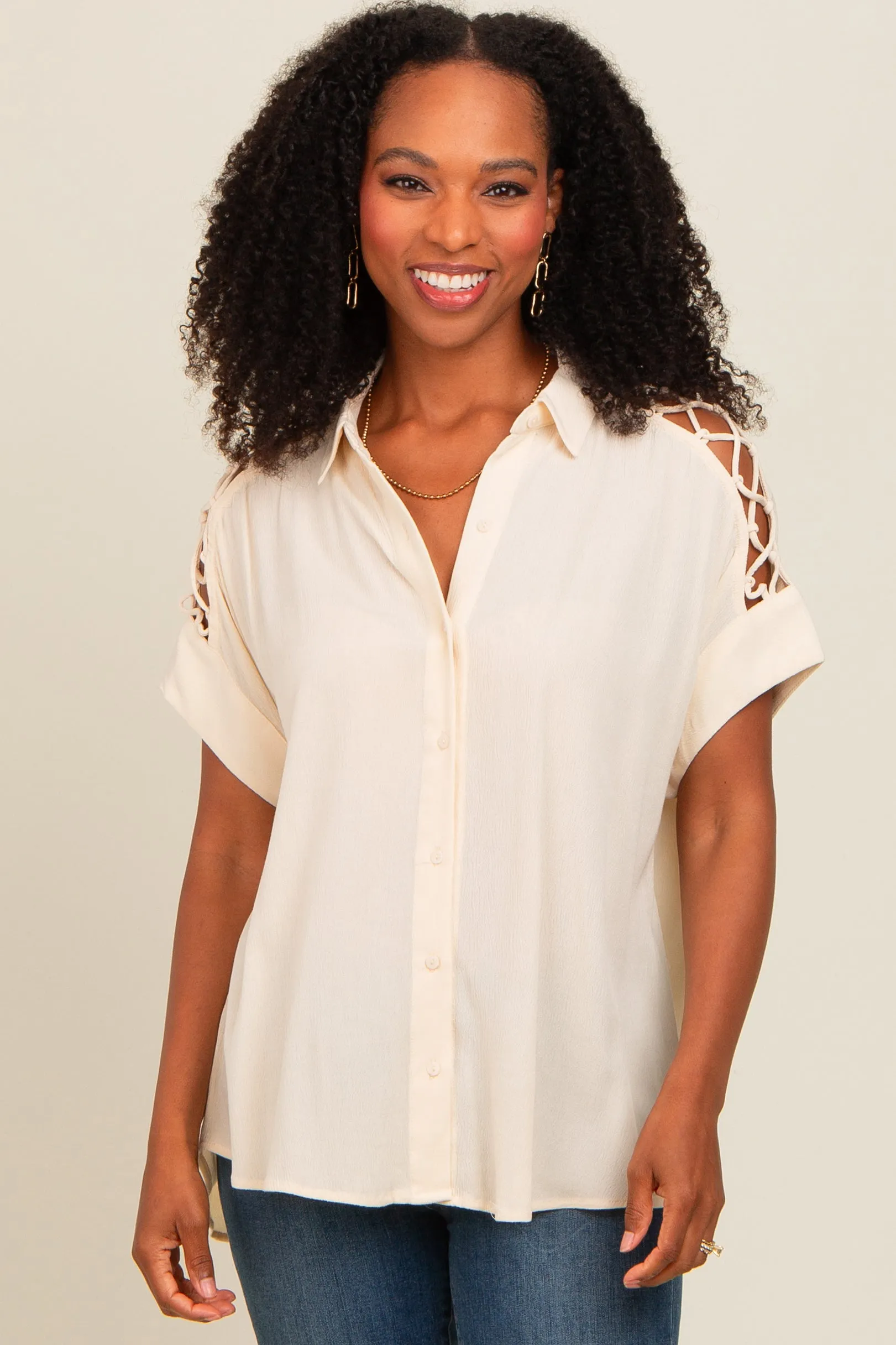Beige Button Down Lace-Up Shoulder Maternity Top sold by Pinkblush product image thumbnail 4