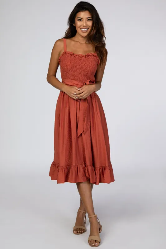 Rust Ruffle Smocked Dress sold by Pinkblush