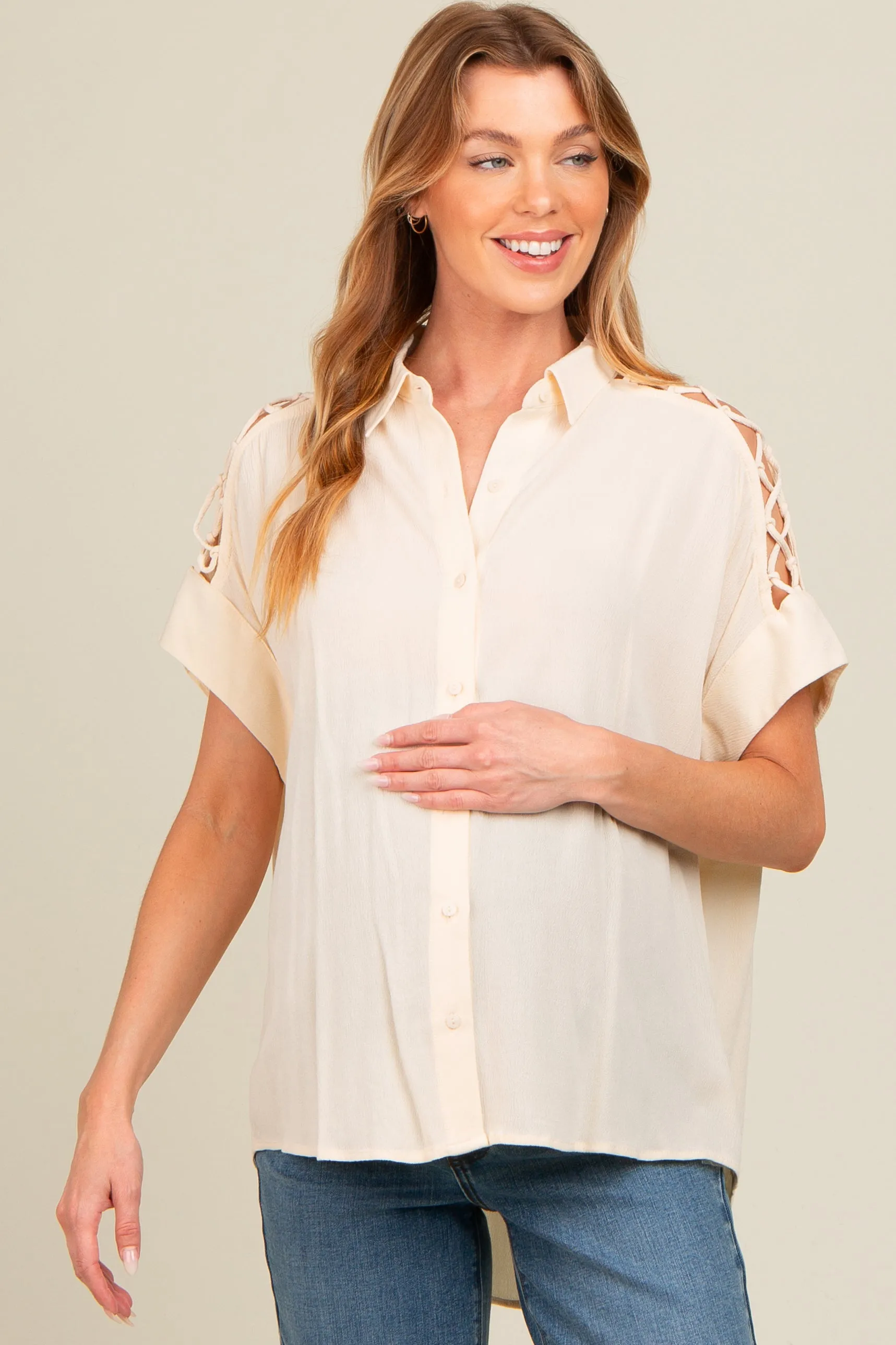 Beige Button Down Lace-Up Shoulder Maternity Top sold by Pinkblush product image thumbnail 2