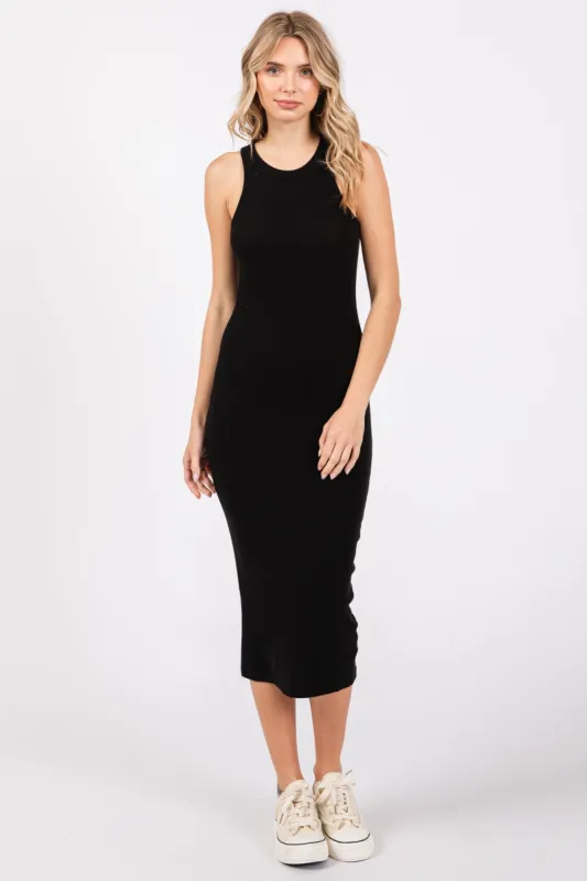 Black Sleeveless Ribbed Fitted Midi Dress sold by Pinkblush