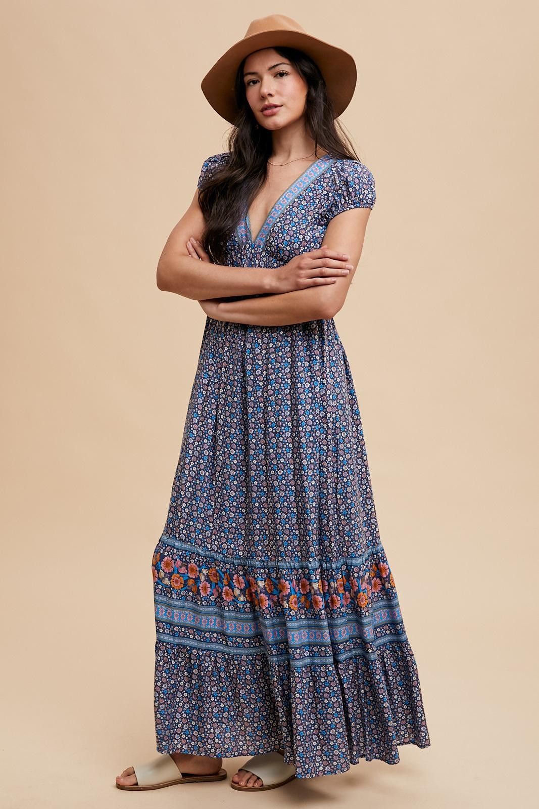 Navy Blue Border Print Ruffle Maxi Dress sold by Pinkblush product image thumbnail 3