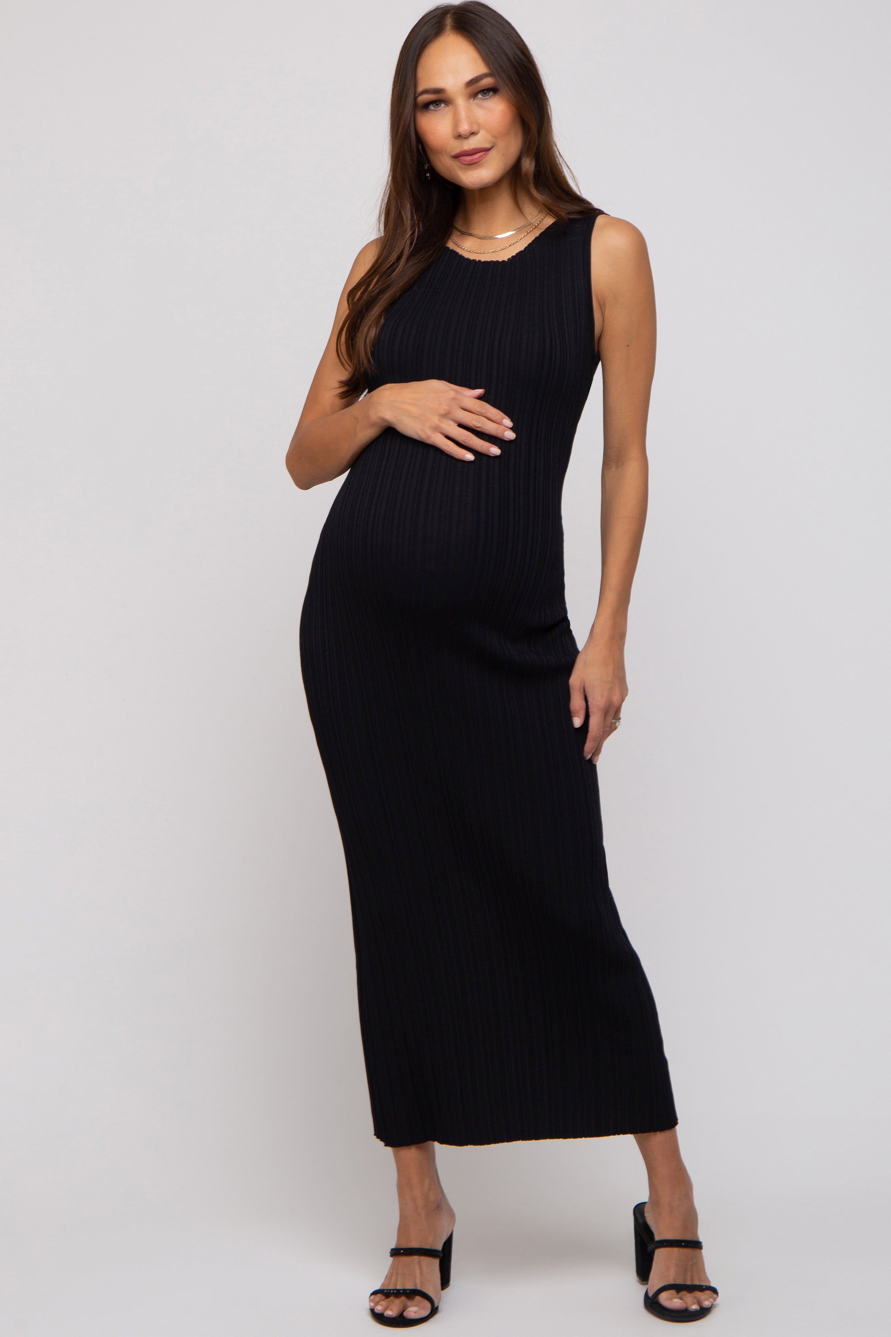 Black Sleeveless Ribbed Maternity Maxi Dress sold by Pinkblush