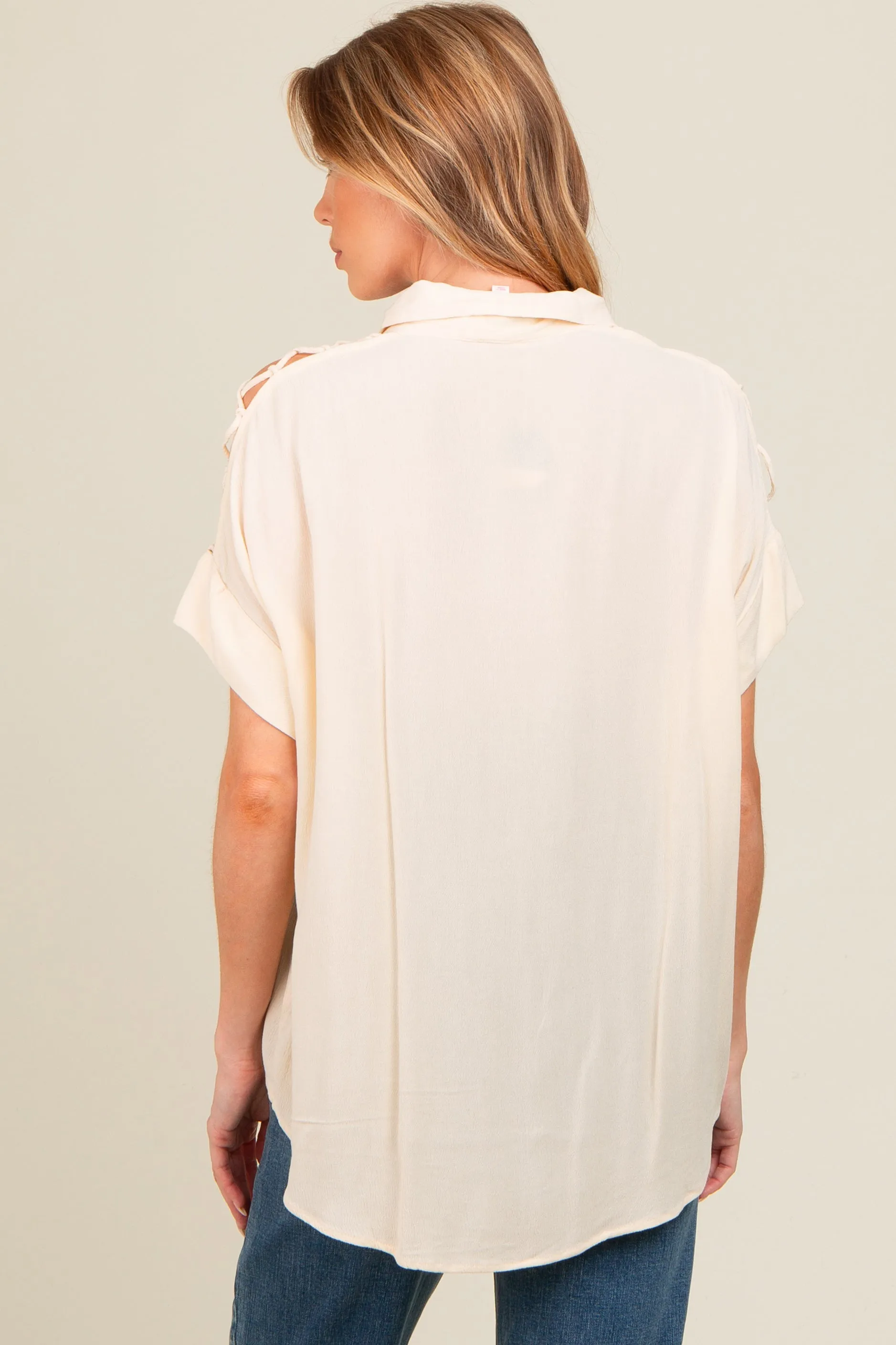 Beige Button Down Lace-Up Shoulder Maternity Top sold by Pinkblush product image thumbnail 3