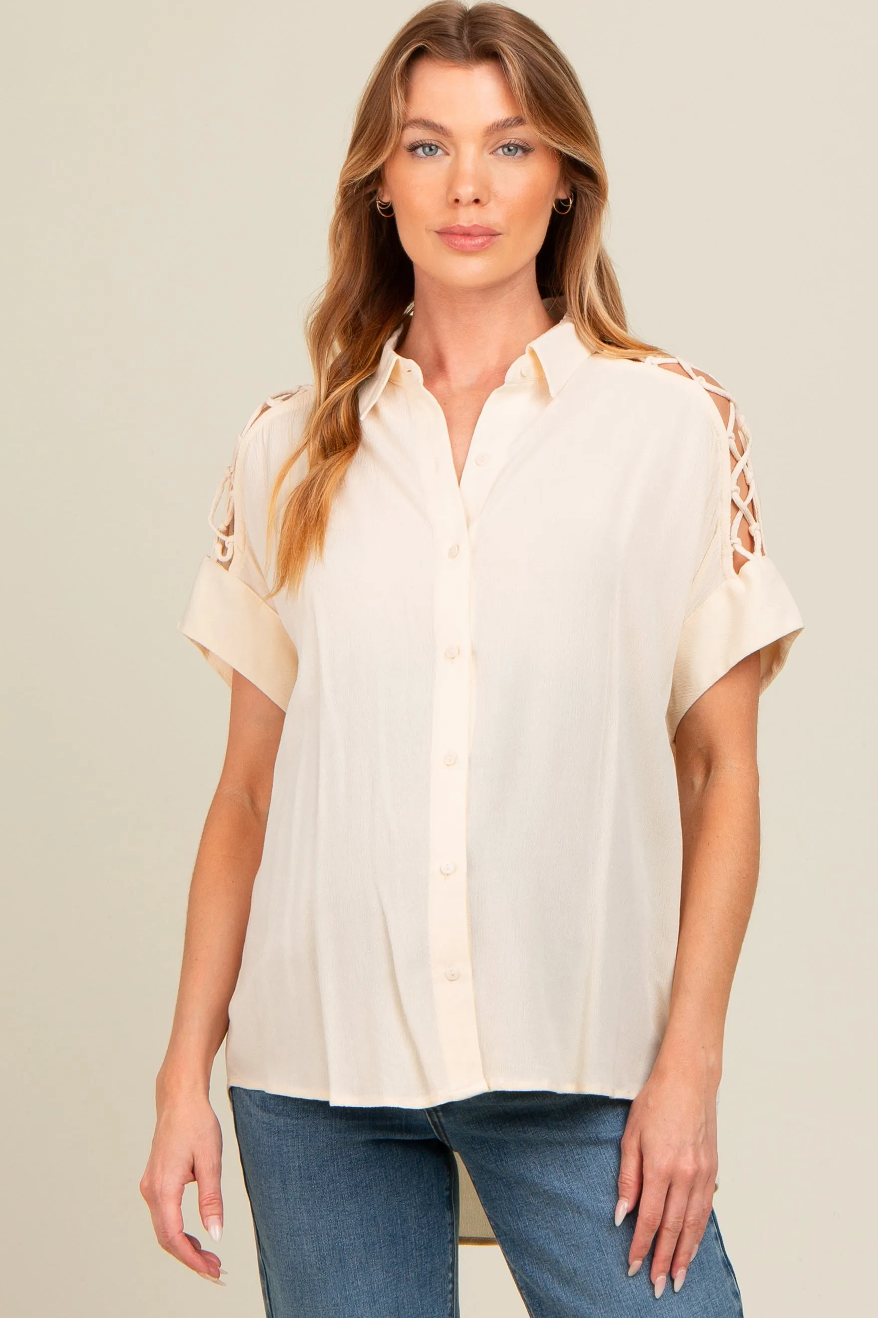 Beige Button Down Lace-Up Shoulder Maternity Top sold by Pinkblush