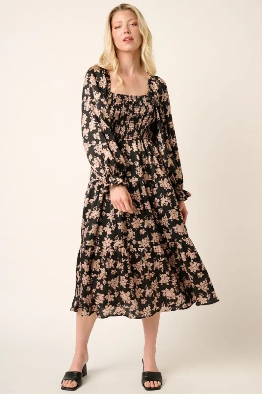 Taupe Floral Satin Smocked Tiered Midi Dress sold by Pinkblush