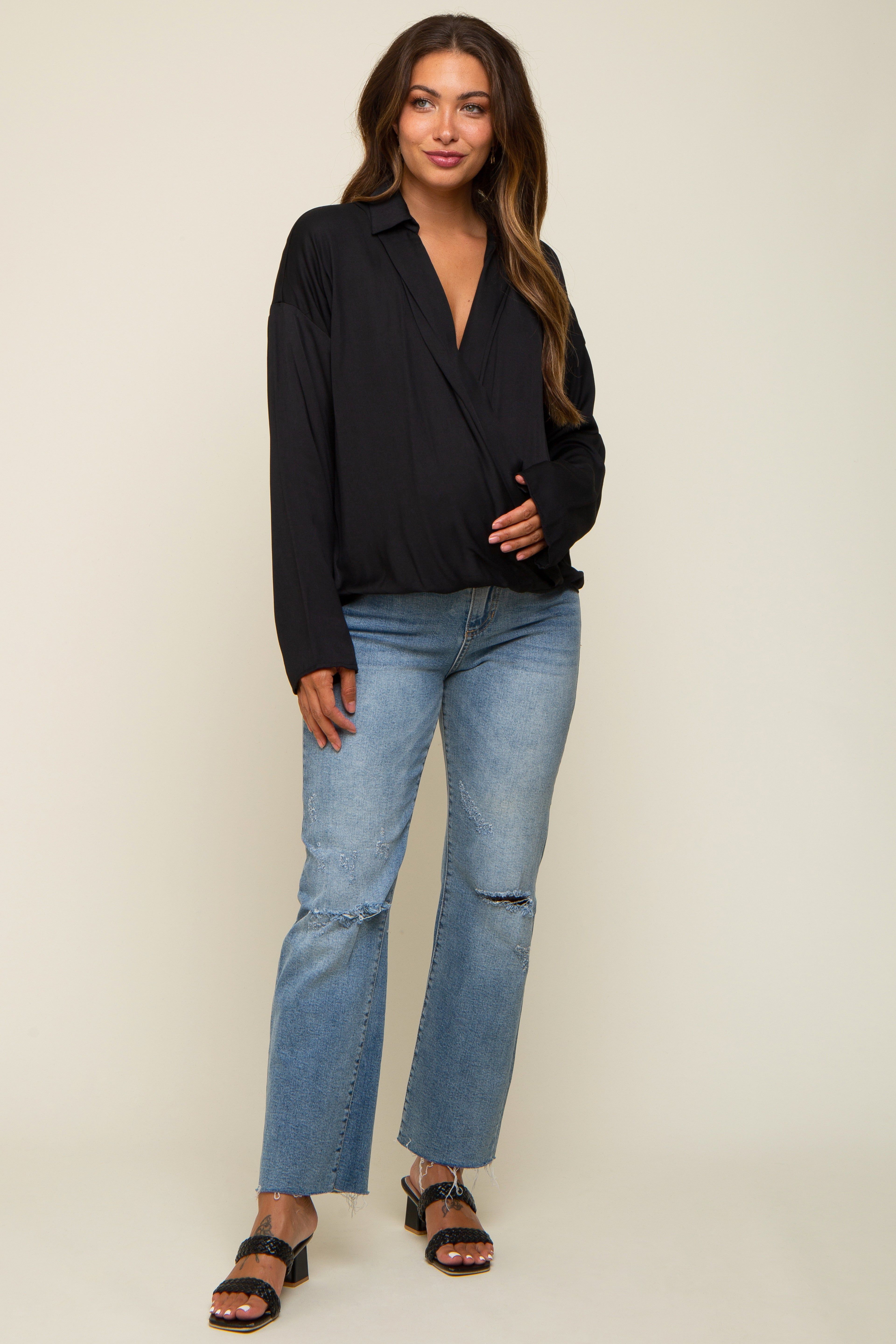 Black Draped Wrap Collared Maternity Top sold by Pinkblush product image thumbnail 5