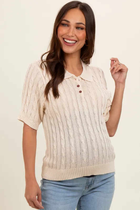 Beige Knit Button Collared Maternity Top sold by Pinkblush