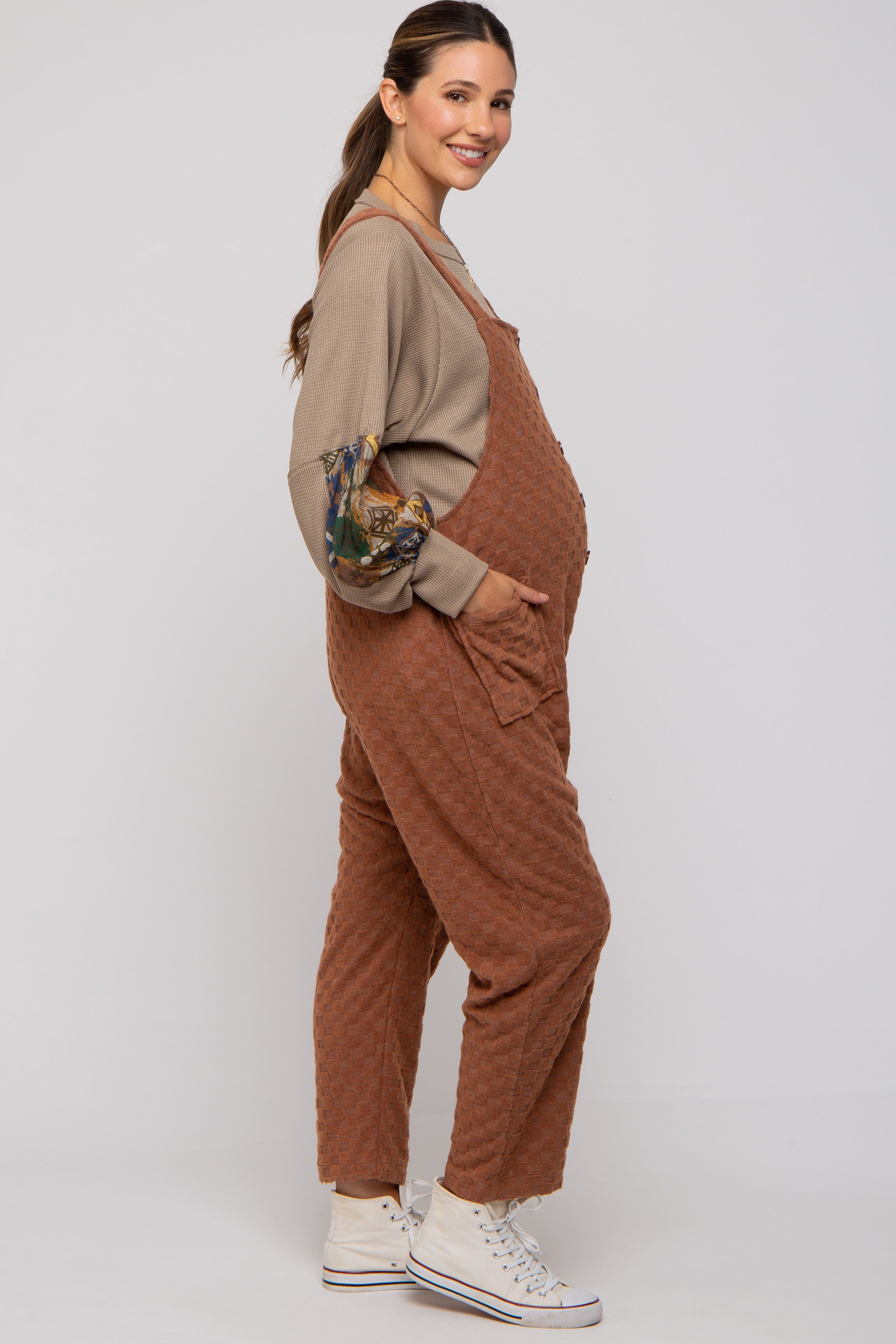 Brown Checkered Soft Knit Maternity Overall sold by Pinkblush product image thumbnail 2