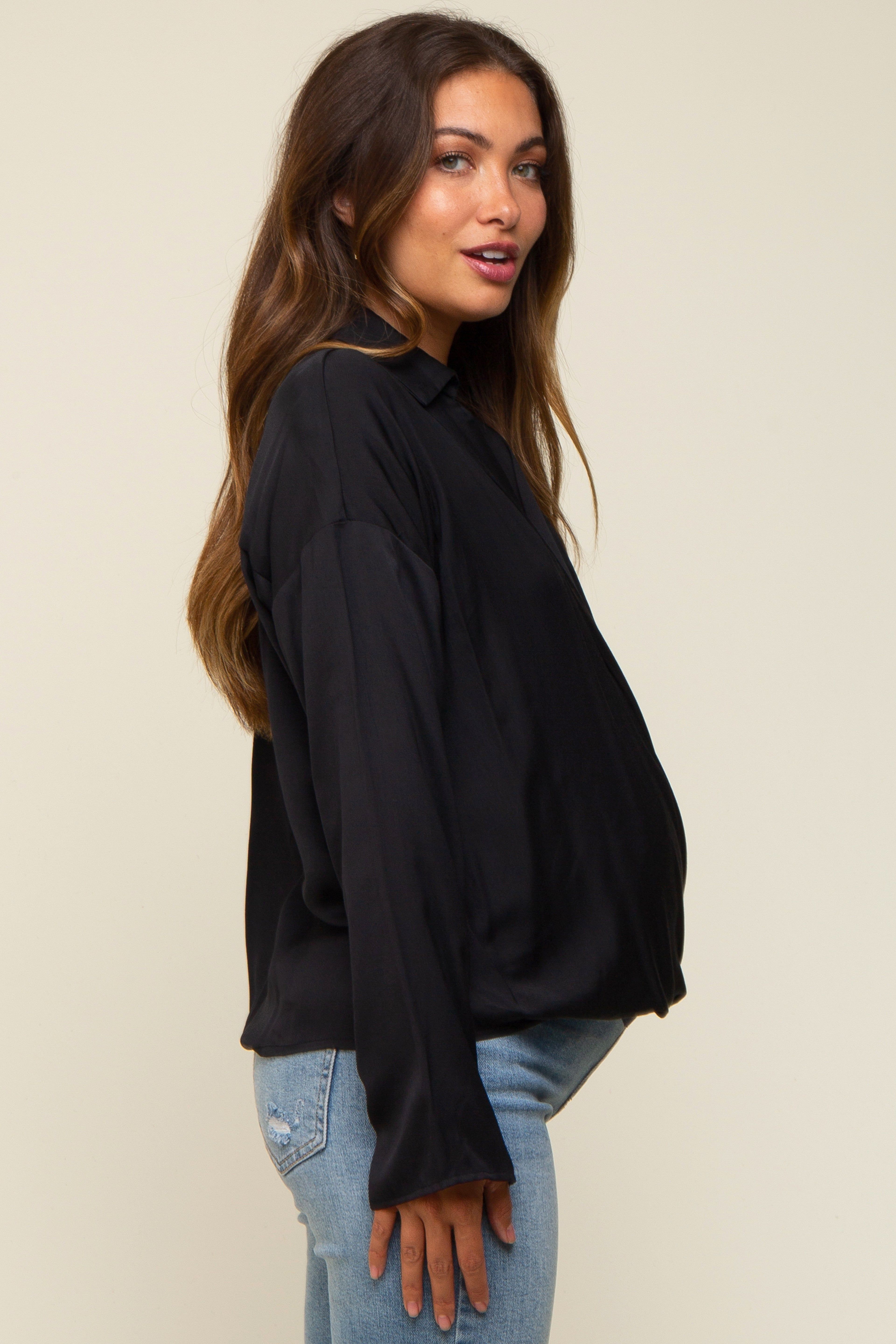 Black Draped Wrap Collared Maternity Top sold by Pinkblush product image thumbnail 3