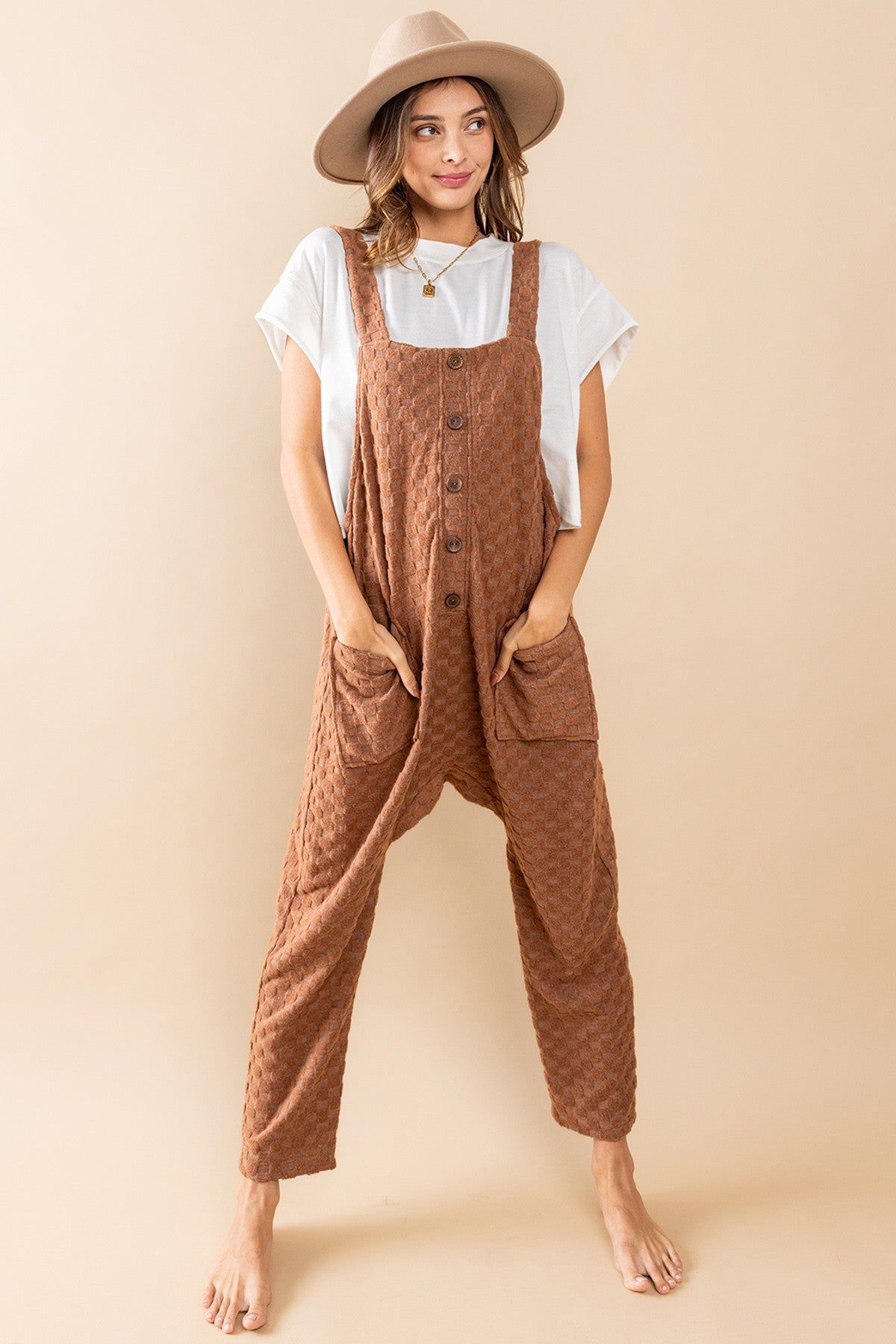 Brown Checkered Soft Knit Maternity Overall sold by Pinkblush product image thumbnail 4