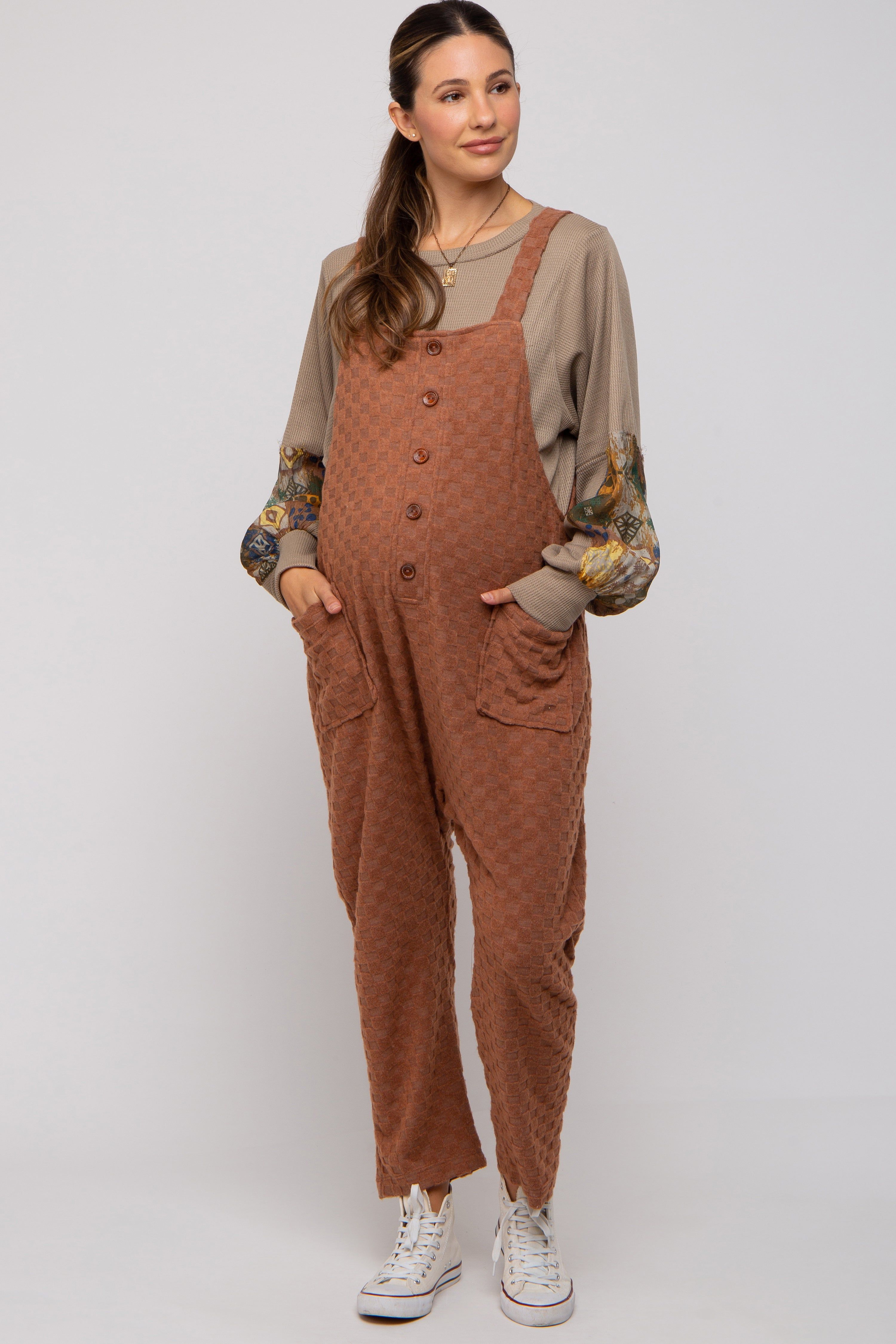 Brown Checkered Soft Knit Maternity Overall sold by Pinkblush