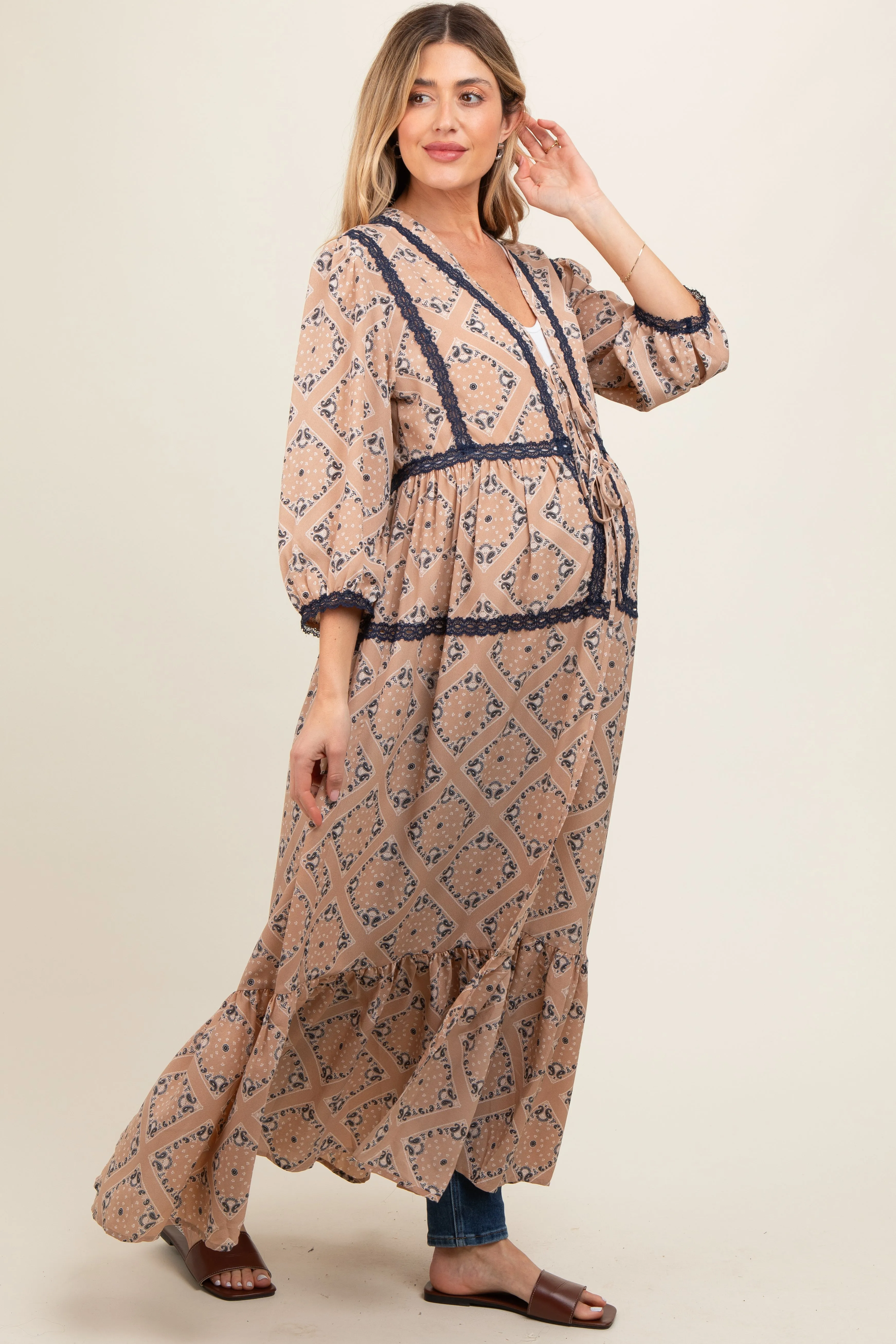 Beige Printed Tie Front Kimono Maternity Dress sold by Pinkblush product image thumbnail 2