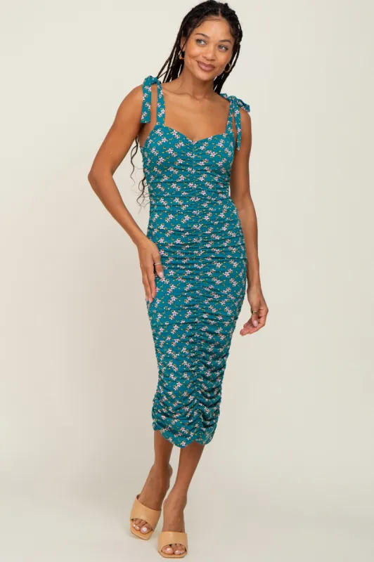 Teal Floral Ruched Shoulder Tie Dress sold by Pinkblush