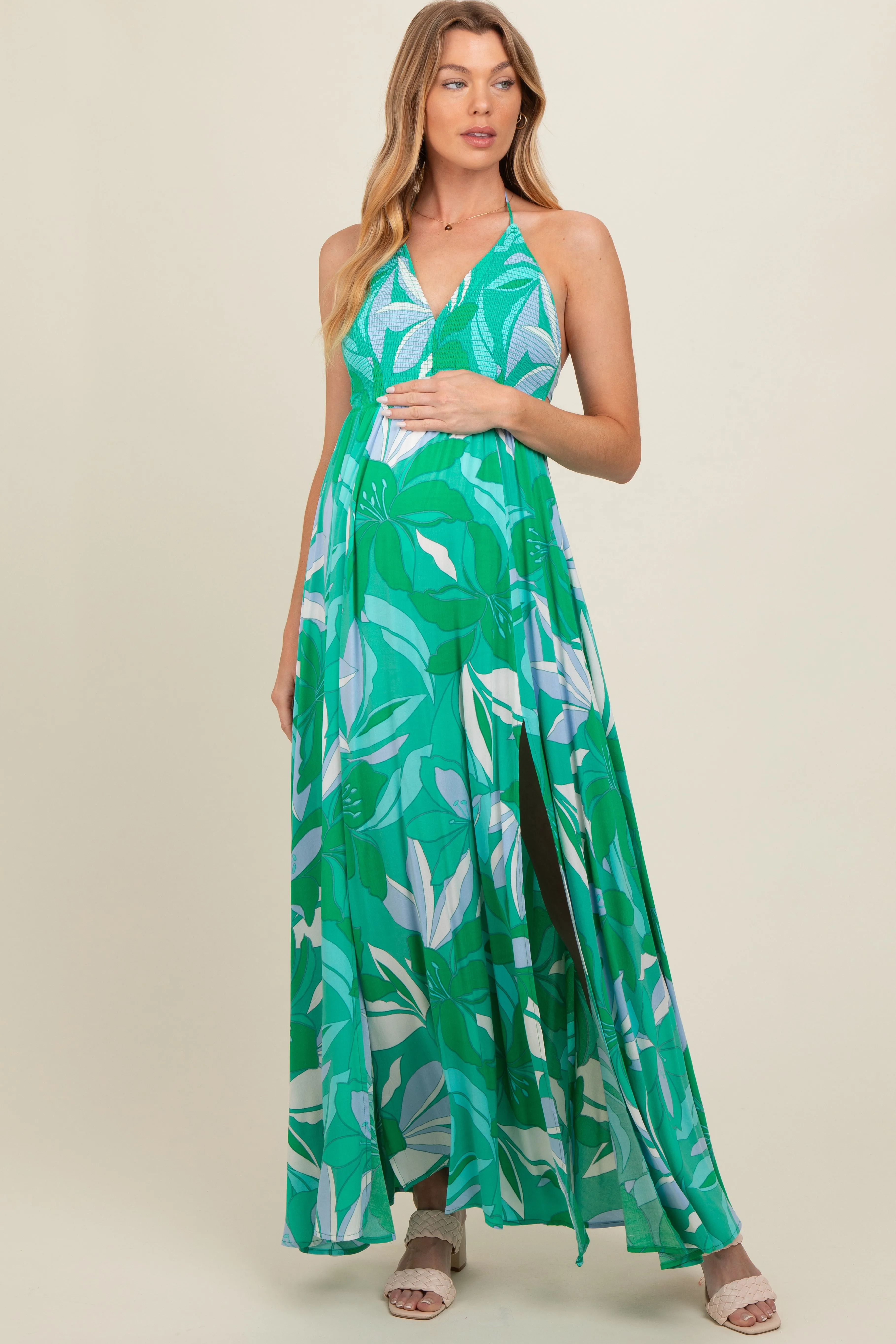 Green Floral Smocked Halter Open Back Maternity Maxi Dress sold by Pinkblush