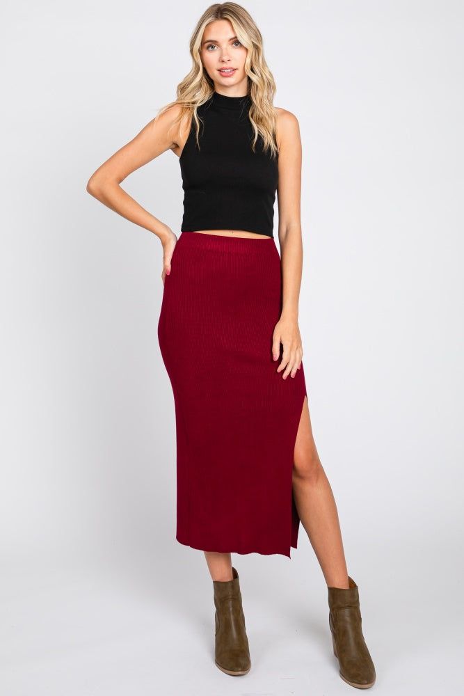 Burgundy Ribbed Knit Slit Maternity Midi Skirt sold by Pinkblush product image thumbnail 7