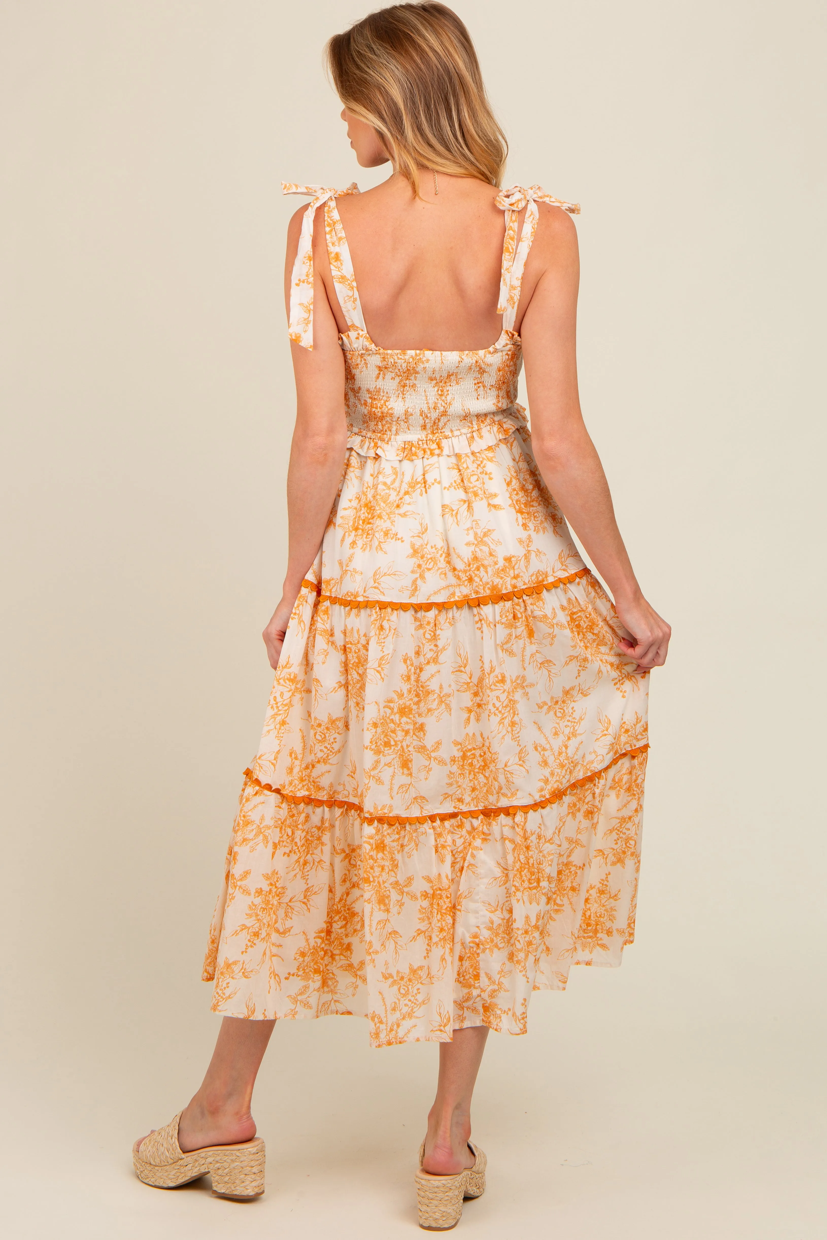 Peach Floral Sleeveless Ruffle Tiered Maternity Midi Dress sold by Pinkblush product image thumbnail 3