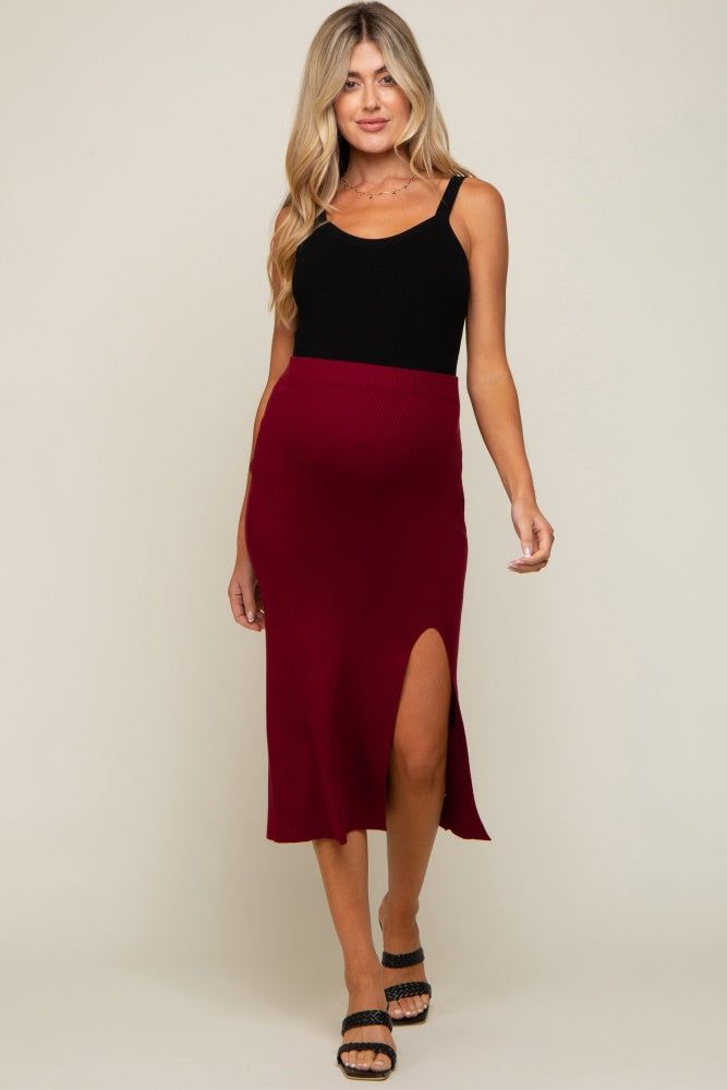 Burgundy Ribbed Knit Slit Maternity Midi Skirt sold by Pinkblush
