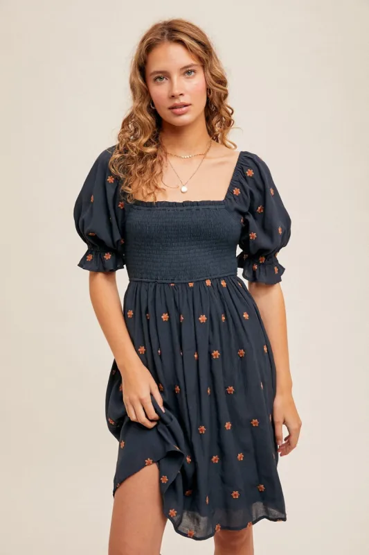 Navy Blue Floral Embroidered Smocked Dress sold by Pinkblush
