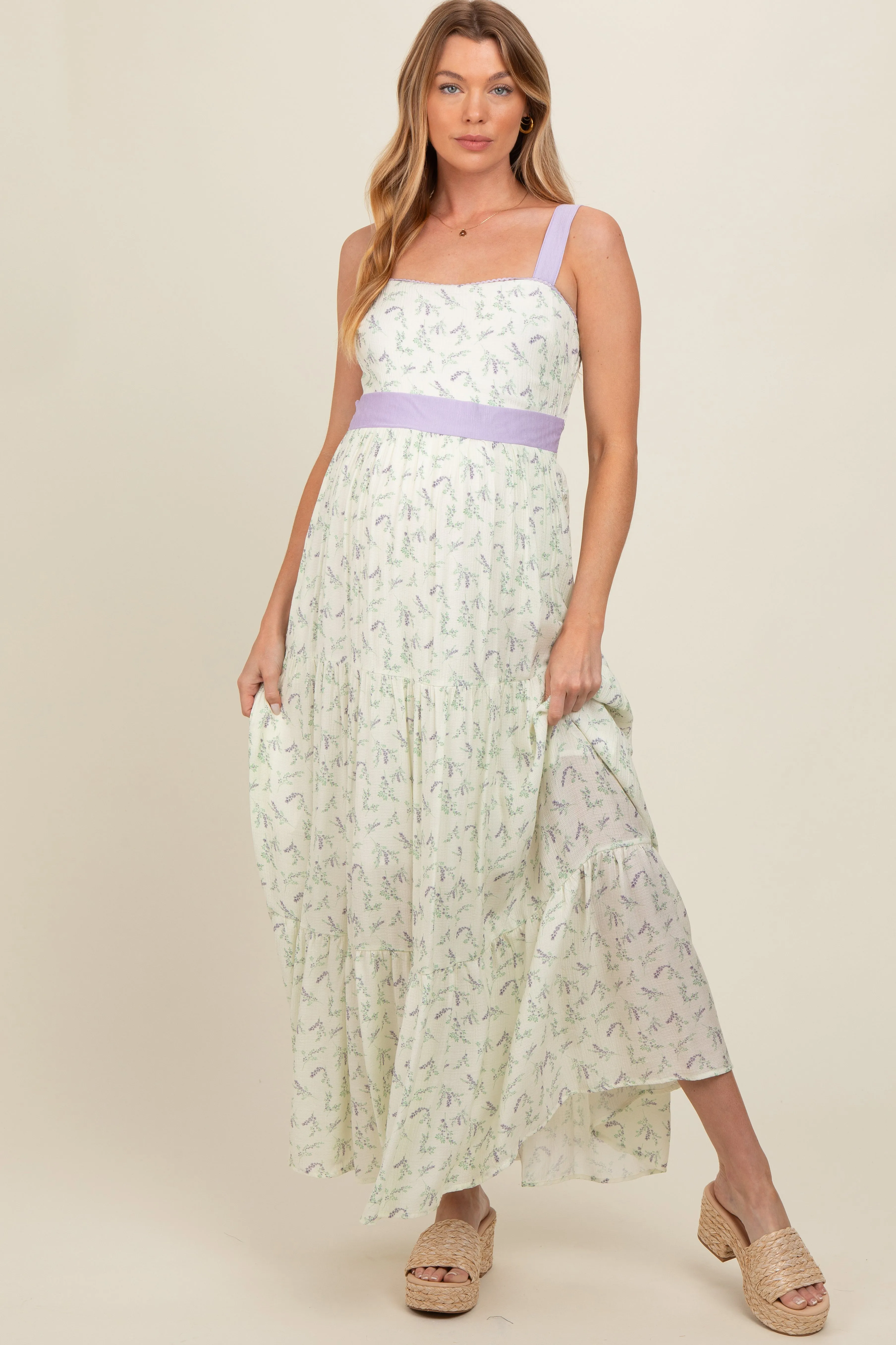 Lavender Floral Contrast Sash Tie Maternity Maxi Dress sold by Pinkblush