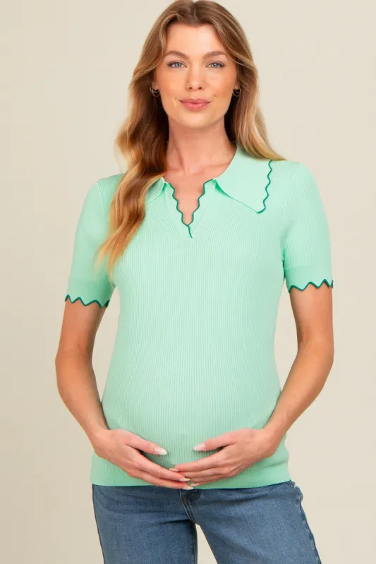 Mint Green Ribbed Scallop Trim Split V-Neck Short Sleeve Maternity Top sold by Pinkblush
