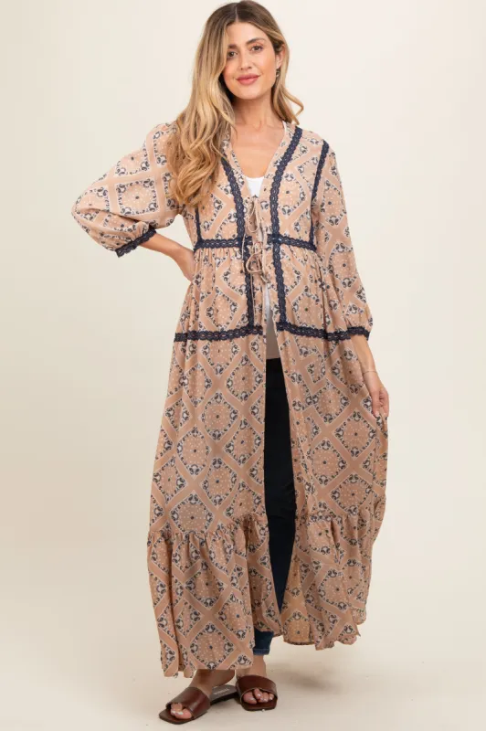 Beige Printed Tie Front Kimono Maternity Dress sold by Pinkblush
