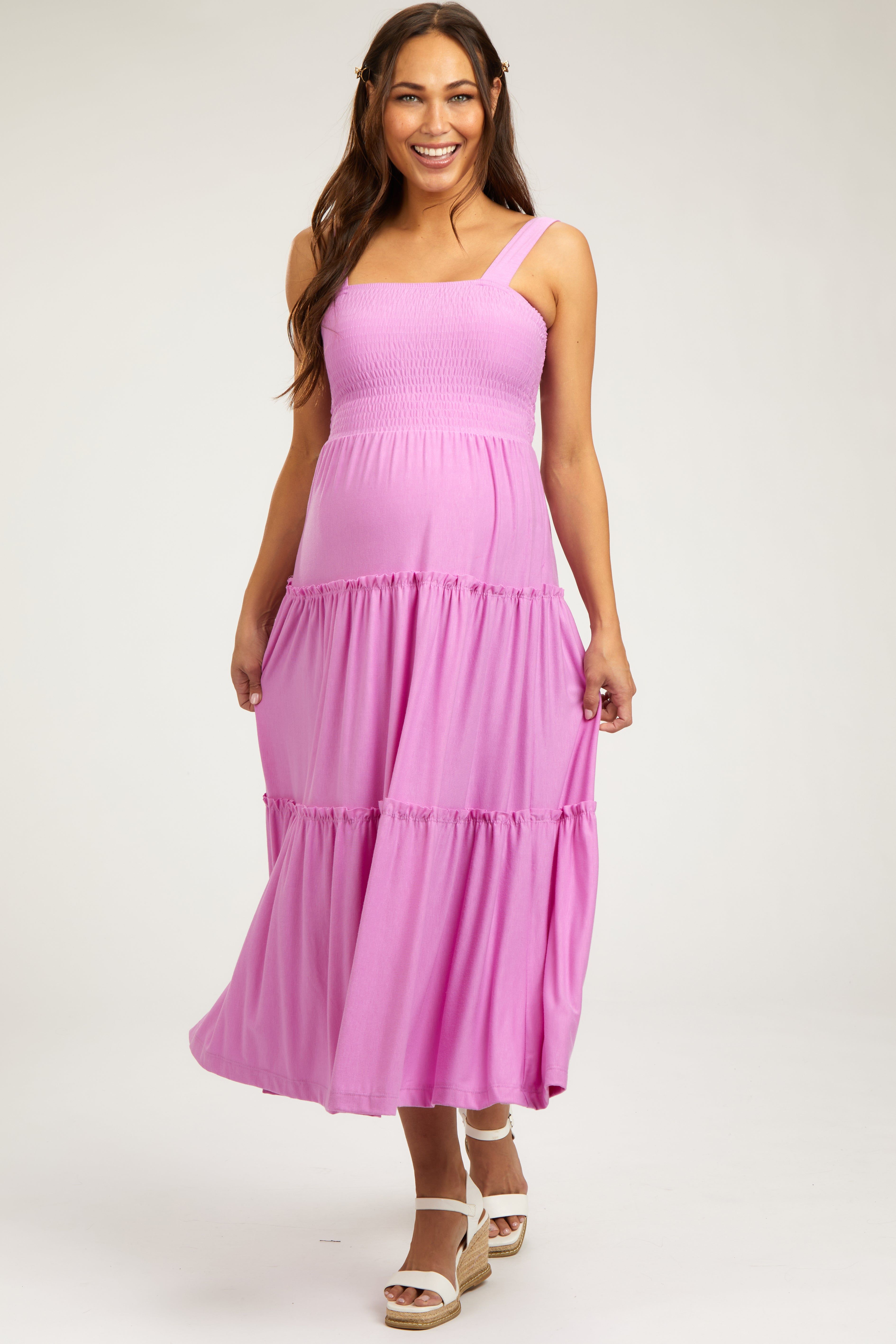 Pink Sleeveless Tiered Maternity Maxi Dress sold by Pinkblush