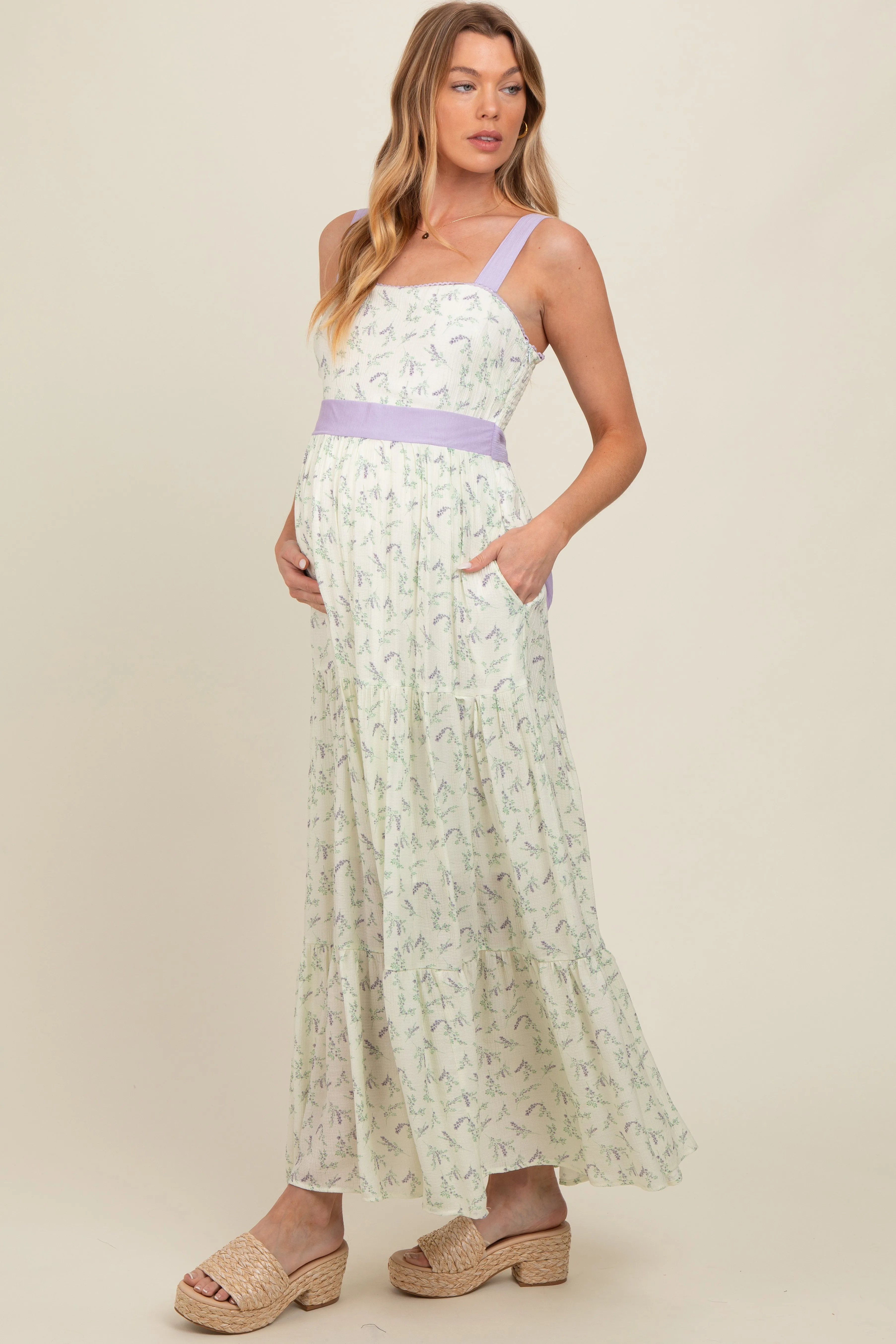 Lavender Floral Contrast Sash Tie Maternity Maxi Dress sold by Pinkblush product image thumbnail 2