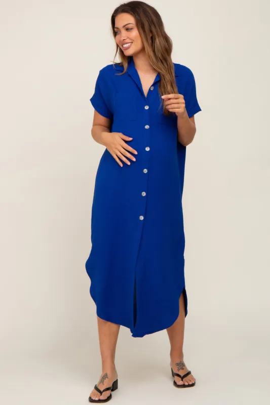 Royal Blue Button Down Hi Low Maternity Maxi Dress sold by Pinkblush