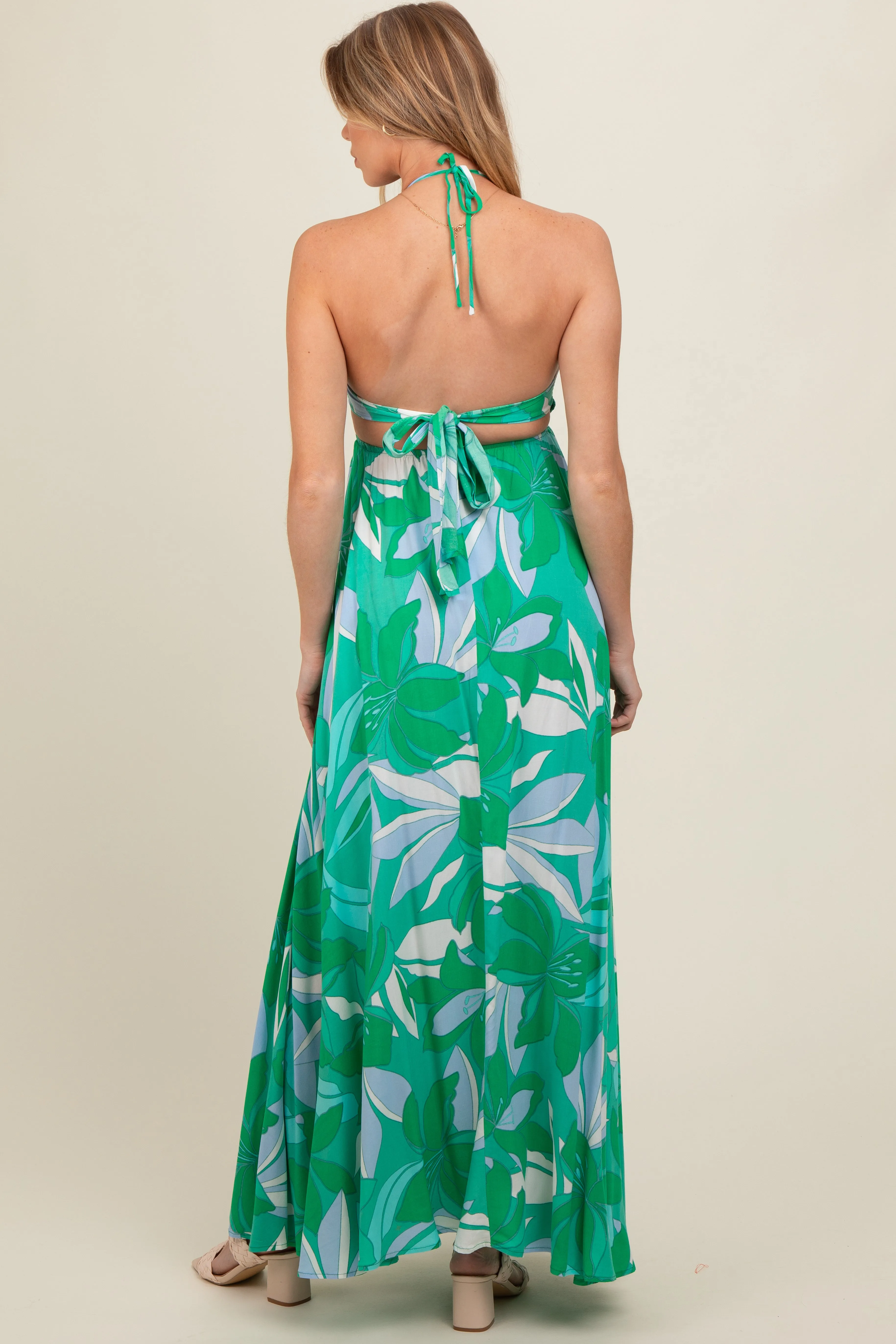 Green Floral Smocked Halter Open Back Maternity Maxi Dress sold by Pinkblush product image thumbnail 3