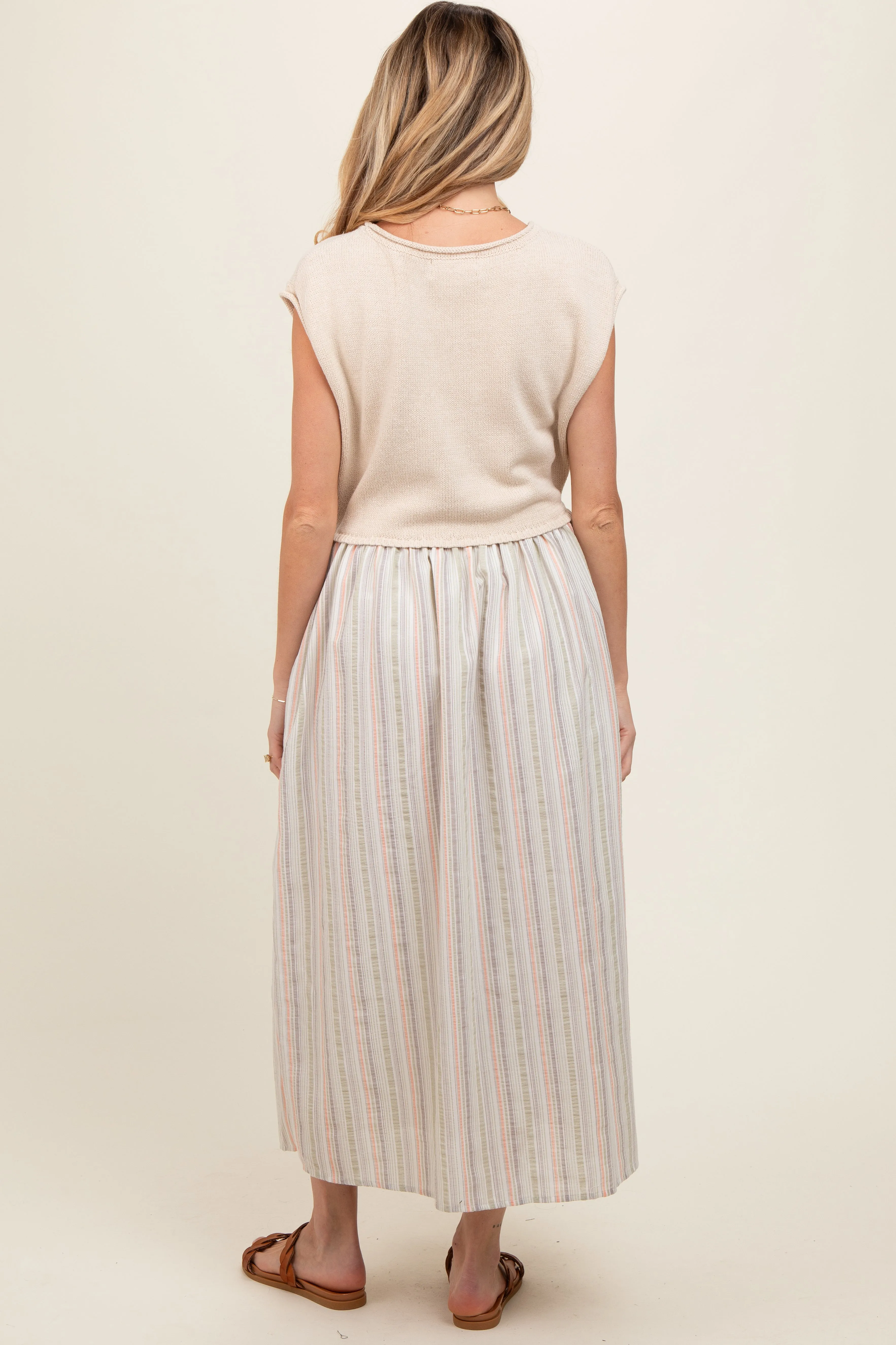 Sage Knit Striped Skirt Pocketed Sleeveless Maternity Midi Dress sold by Pinkblush product image thumbnail 3