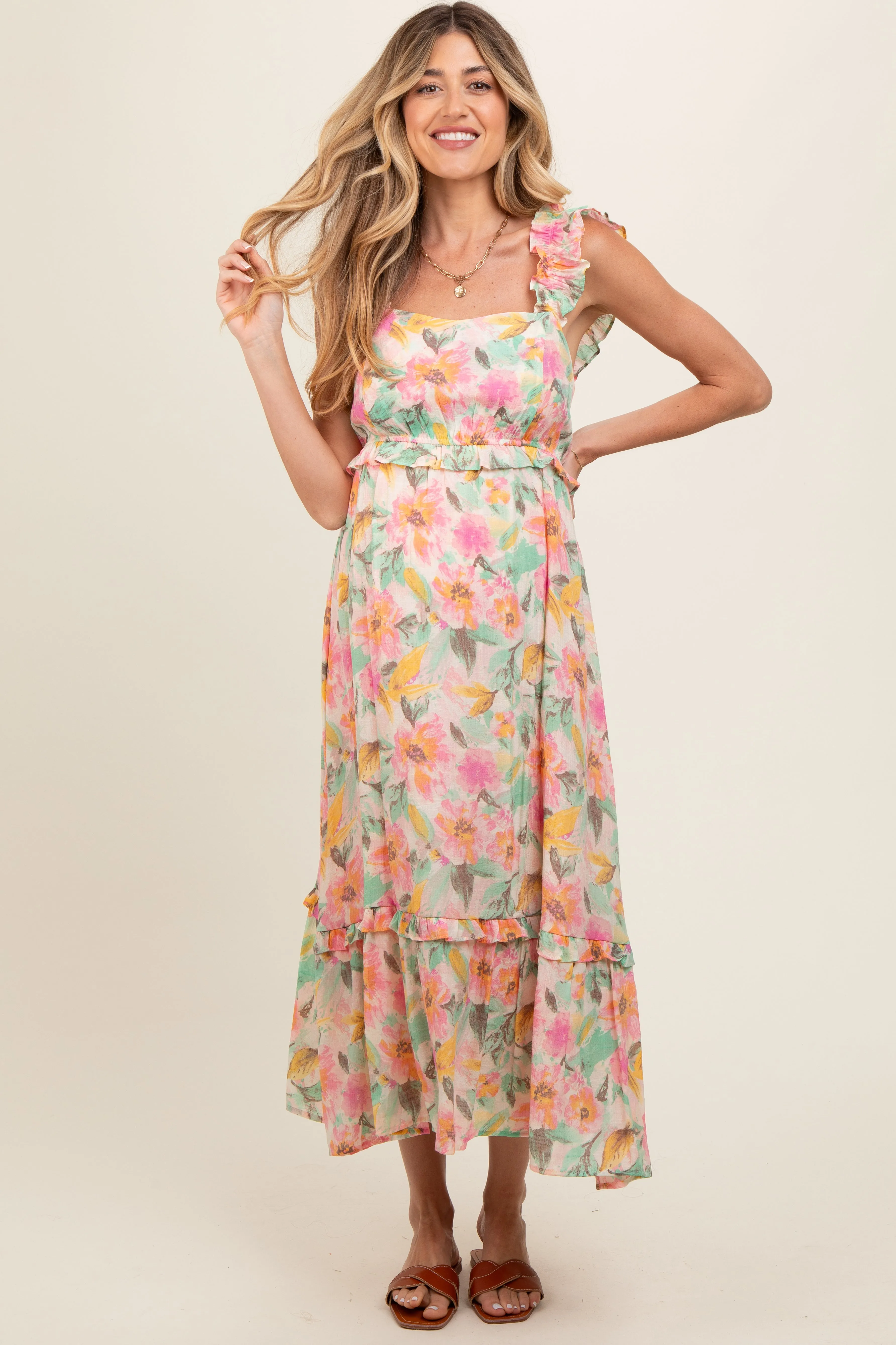 Ivory Watercolor Floral Ruffle Accent Maternity Midi Dress sold by Pinkblush