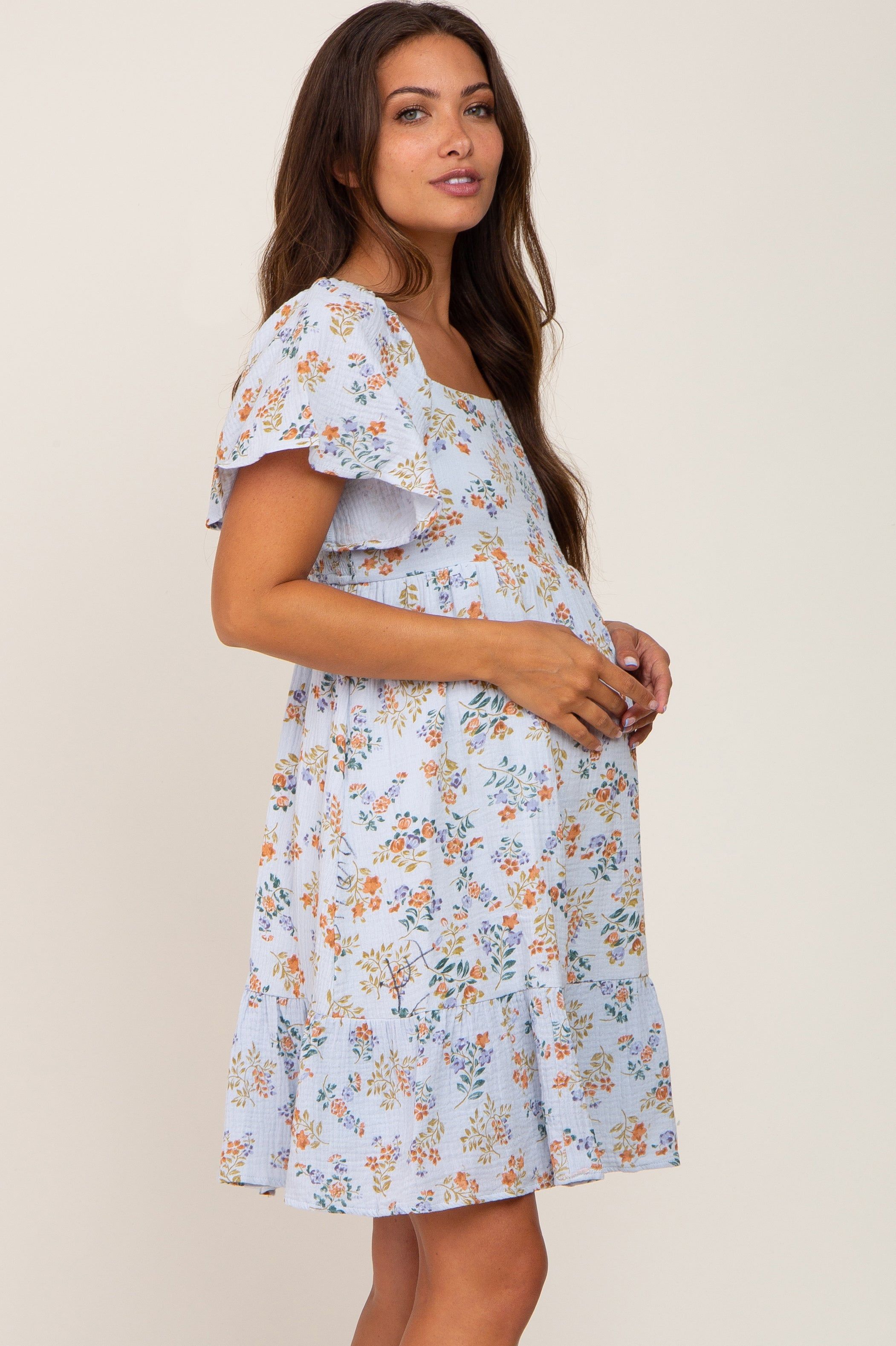 Light Blue Floral Gauze Square Neck Short Sleeve Maternity Dress sold by Pinkblush product image thumbnail 3