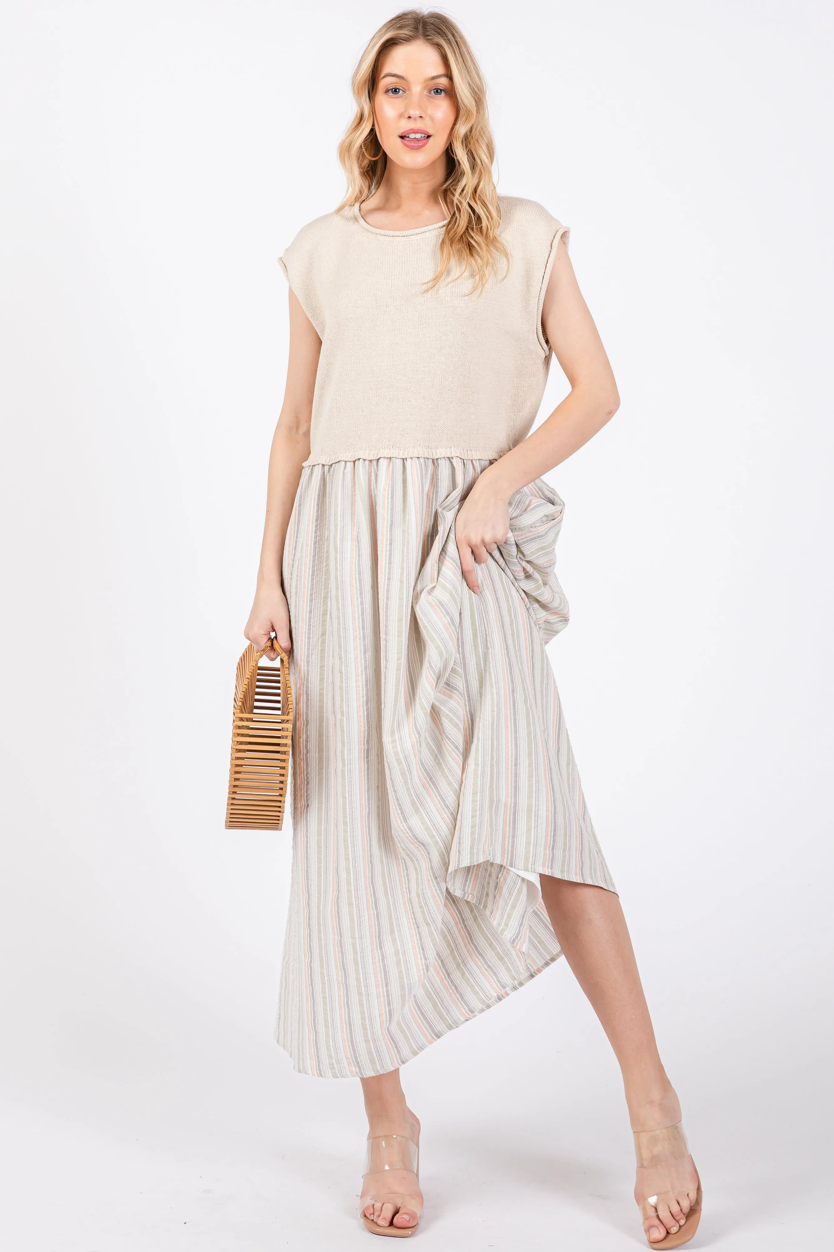 Sage Knit Striped Skirt Pocketed Sleeveless Maternity Midi Dress sold by Pinkblush product image thumbnail 4