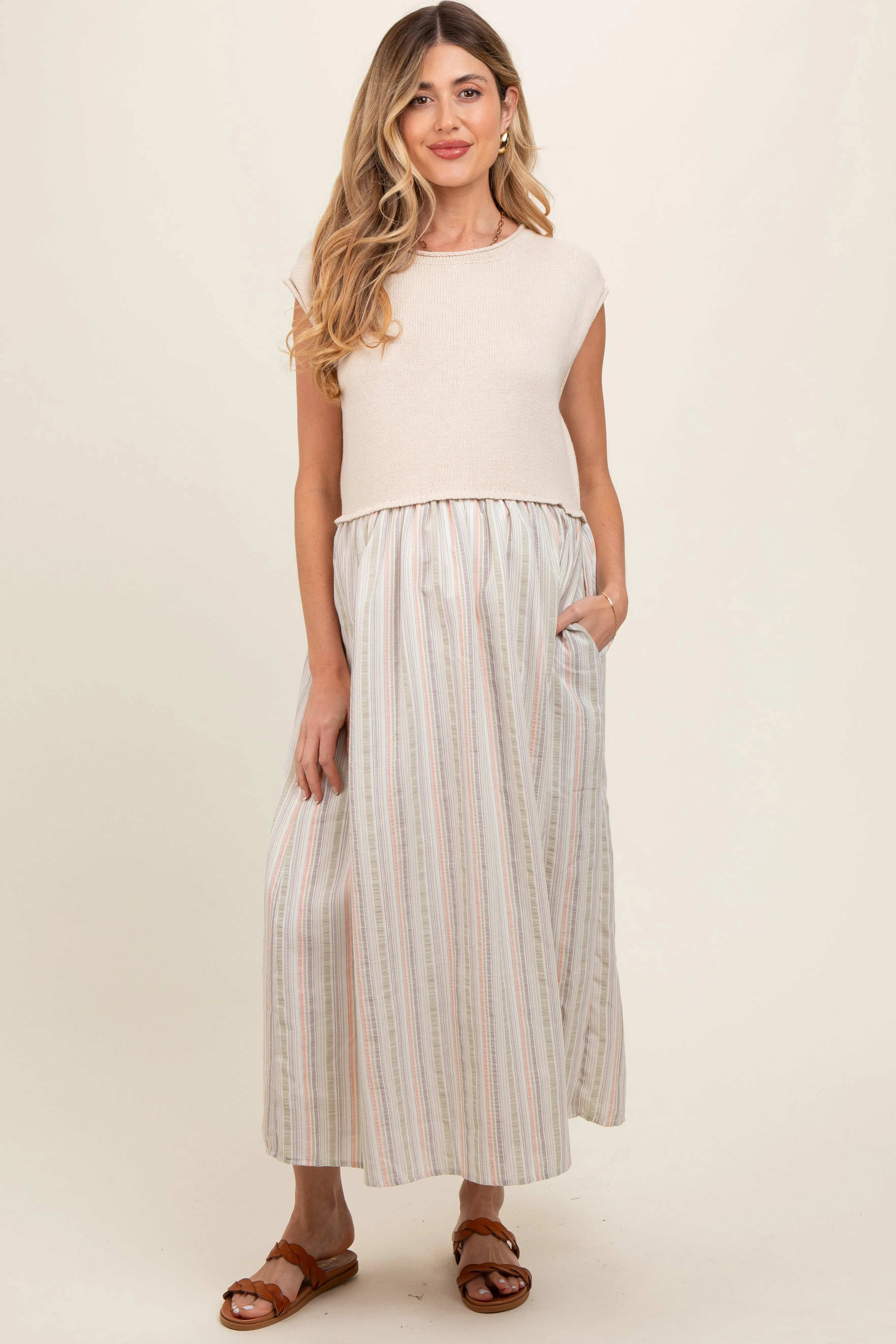 Sage Knit Striped Skirt Pocketed Sleeveless Maternity Midi Dress sold by Pinkblush