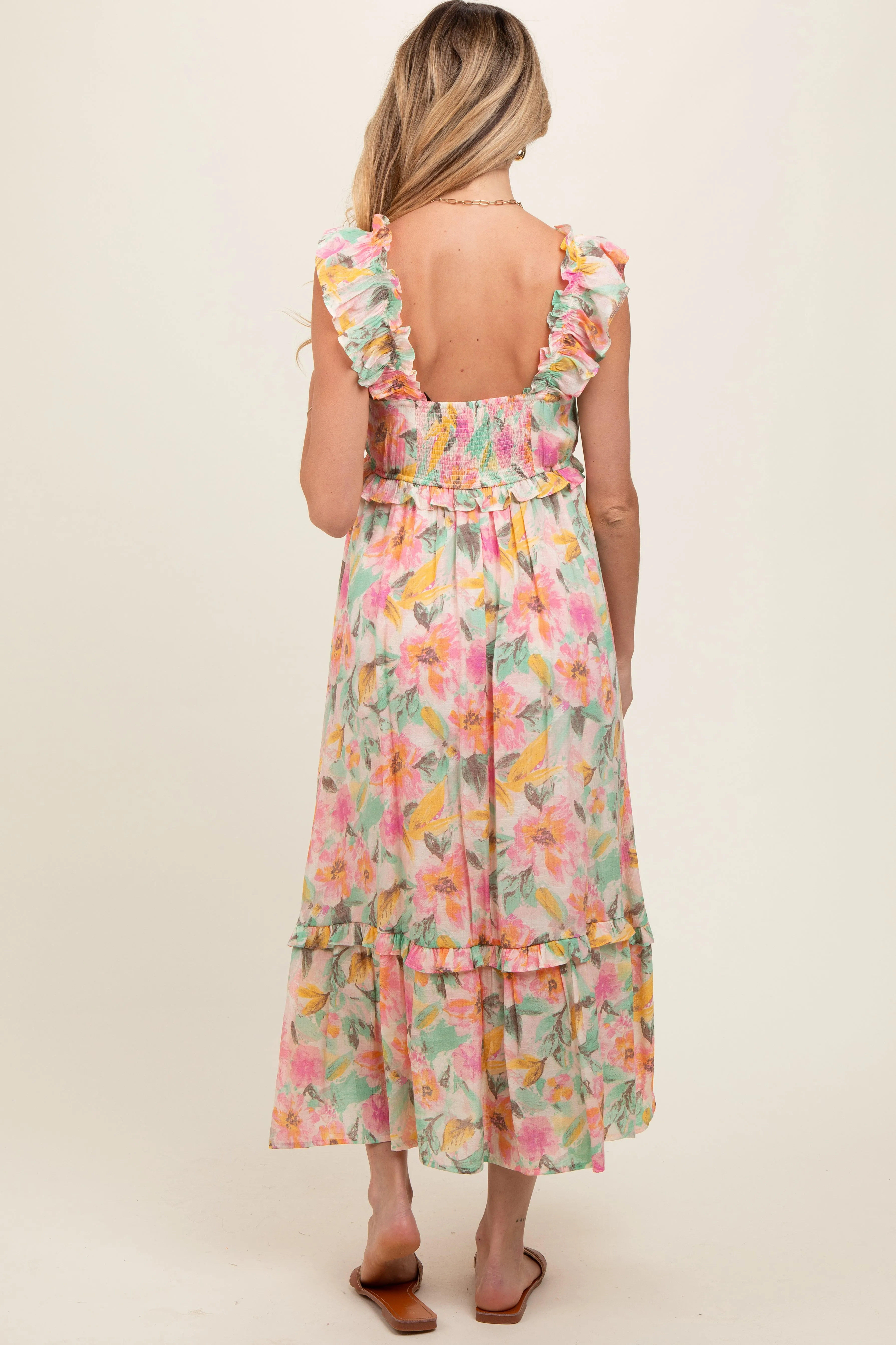 Ivory Watercolor Floral Ruffle Accent Maternity Midi Dress sold by Pinkblush product image thumbnail 4