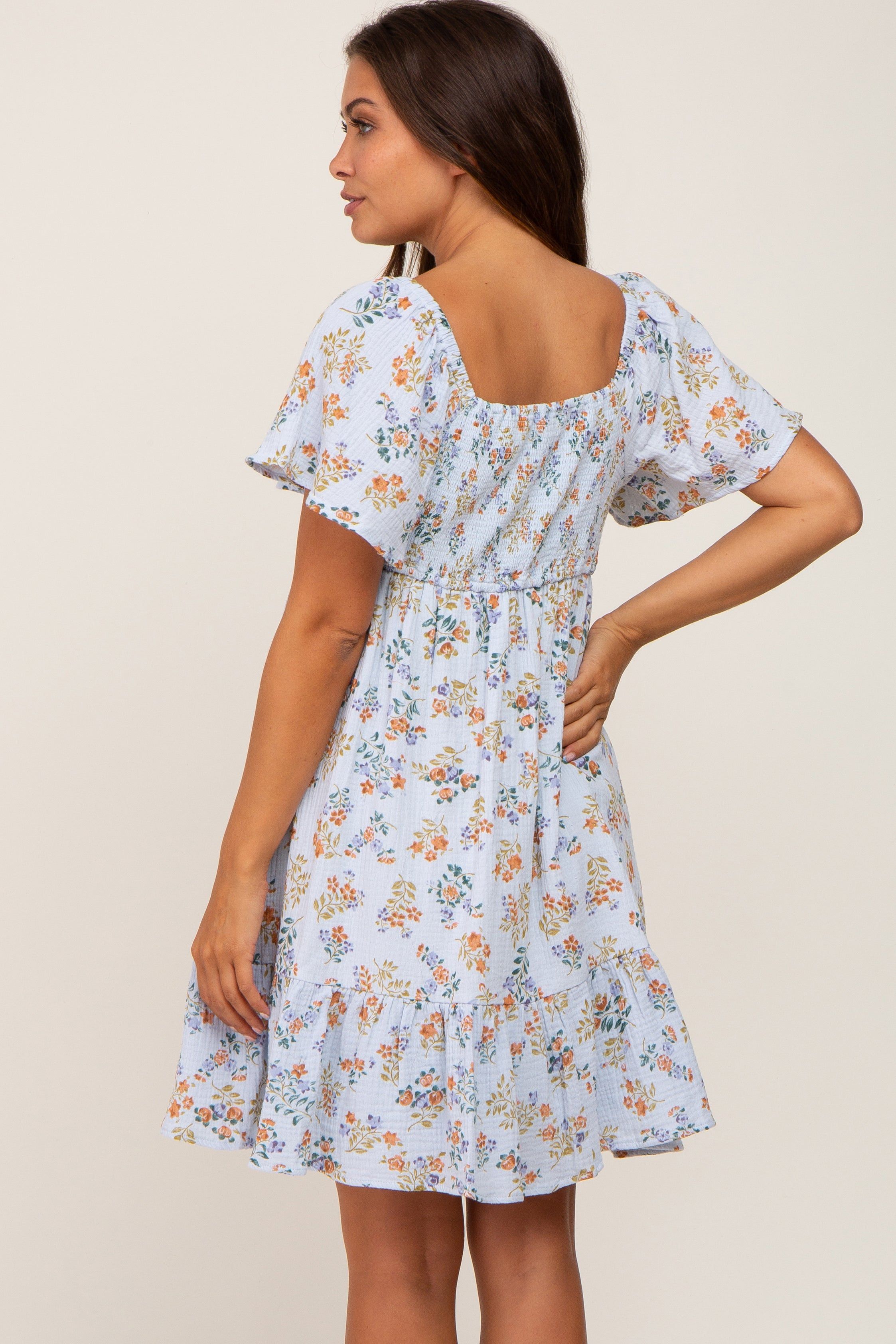 Light Blue Floral Gauze Square Neck Short Sleeve Maternity Dress sold by Pinkblush product image thumbnail 4