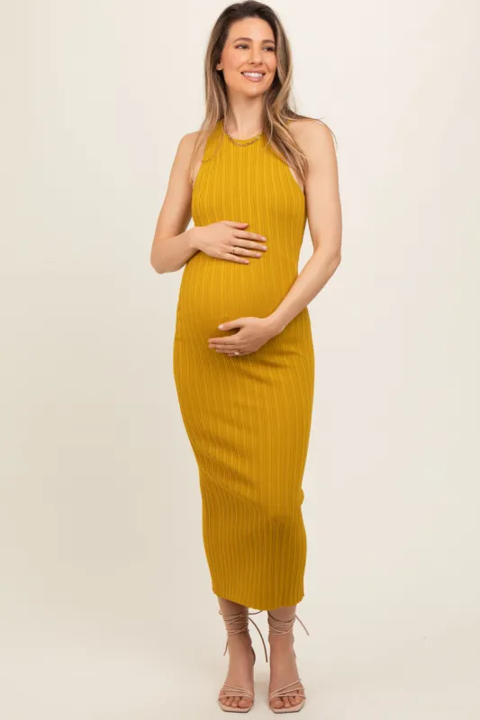 Yellow Ribbed Sleeveless Back Slit Maternity Midi Dress sold by Pinkblush