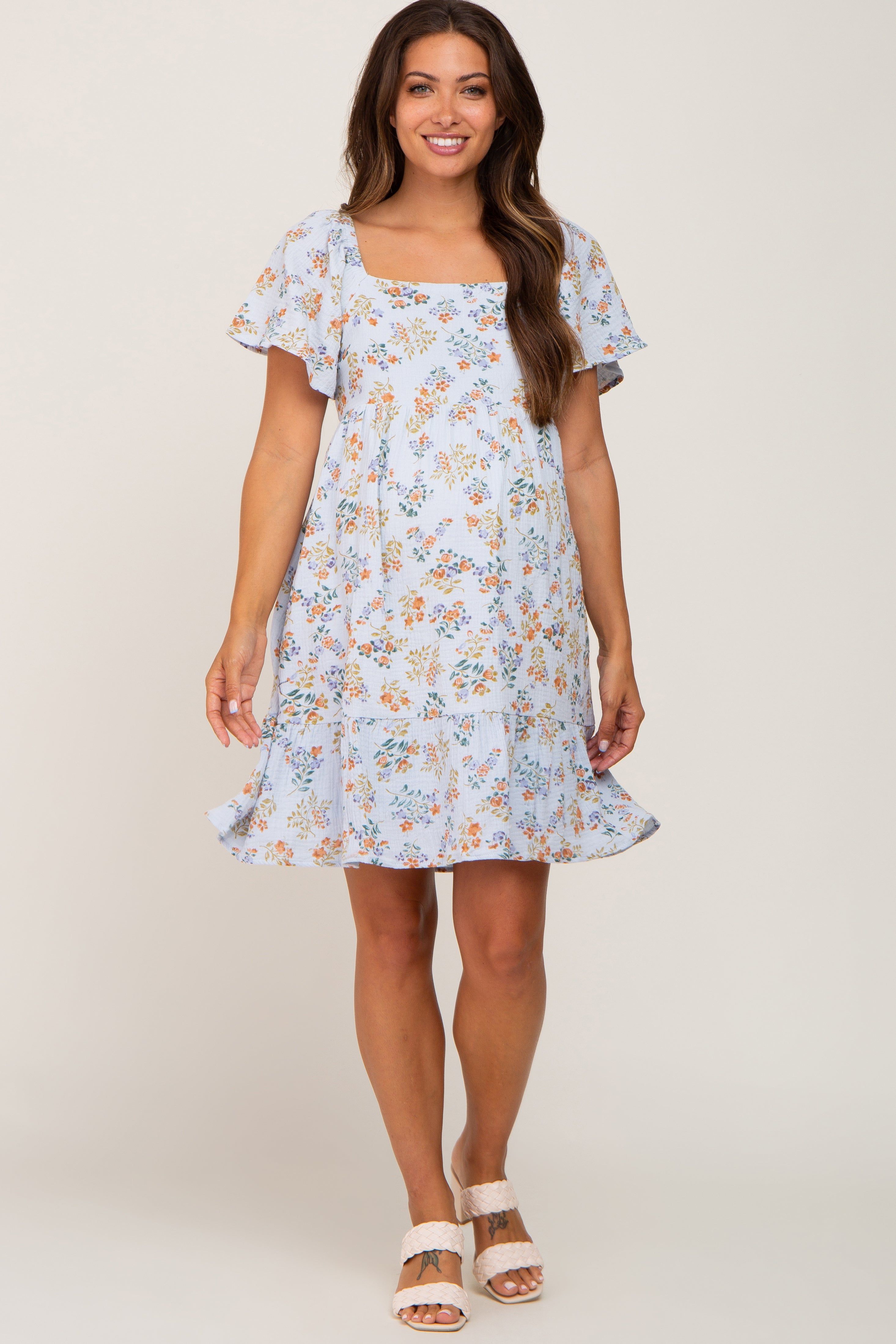 Light Blue Floral Gauze Square Neck Short Sleeve Maternity Dress sold by Pinkblush product image thumbnail 2