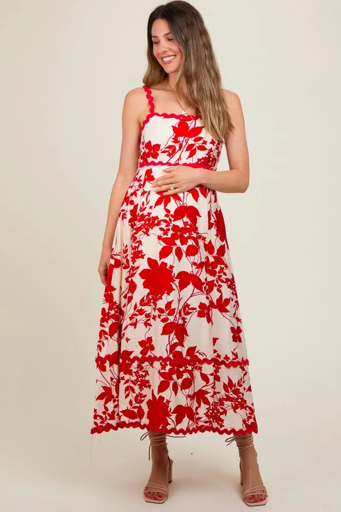 Red Floral Rick Rack Accent Maternity Midi Dress sold by Pinkblush