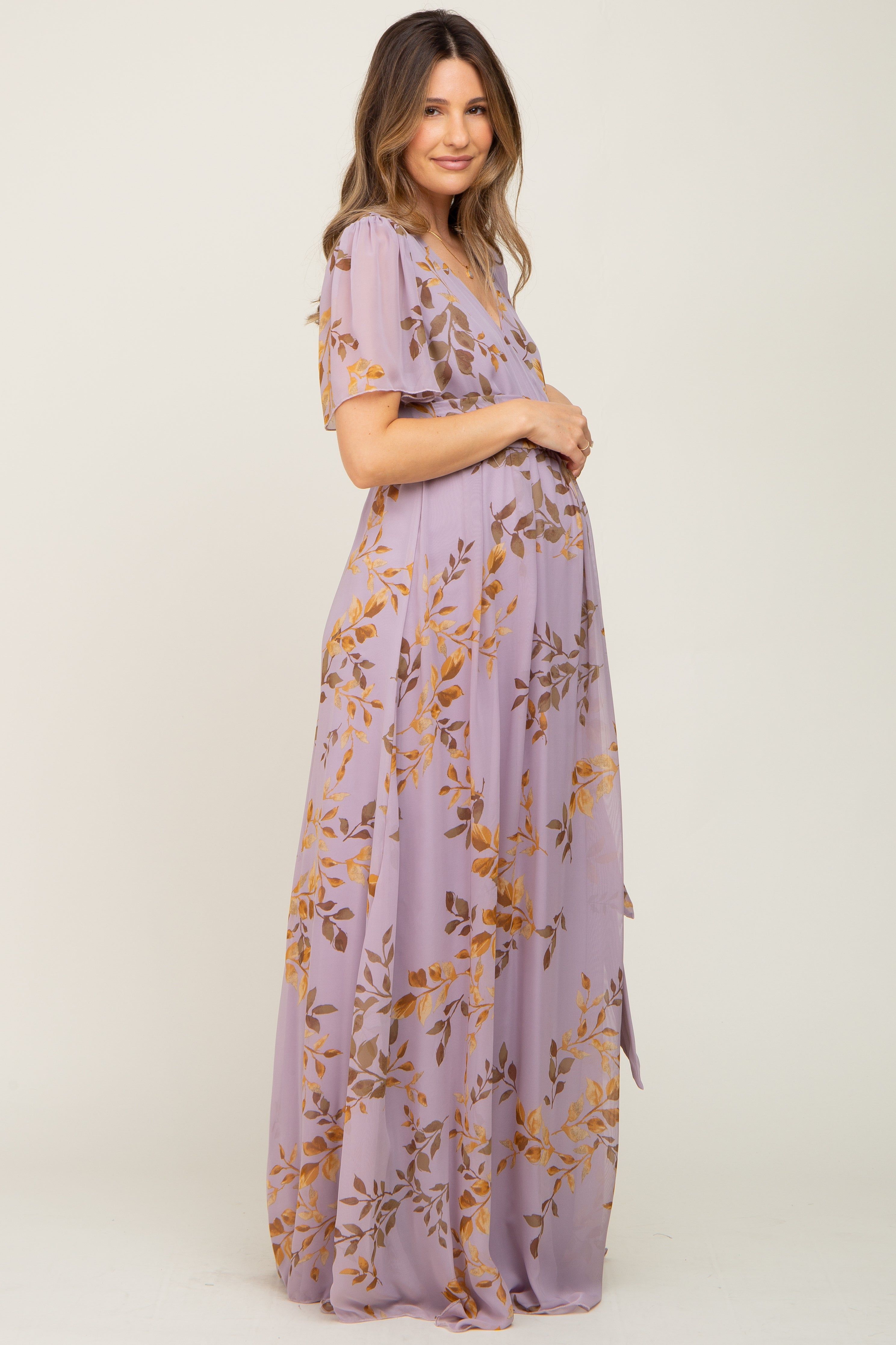 Lavender Floral Chiffon Wrap Front Short Sleeve Maternity Maxi Dress sold by Pinkblush product image thumbnail 2
