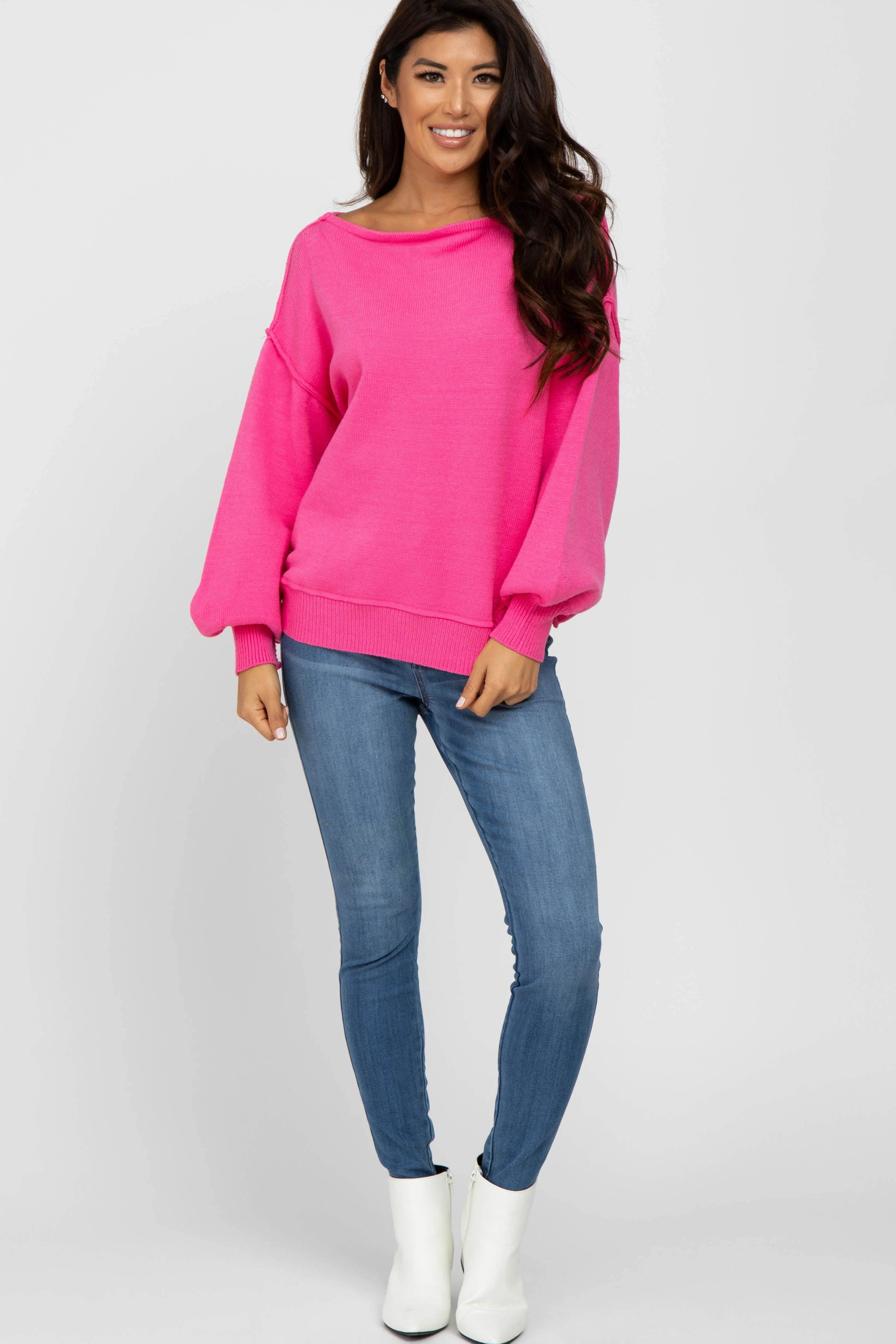 Fuchsia Boat Neck Bubble Sleeve Sweater sold by Pinkblush product image thumbnail 2