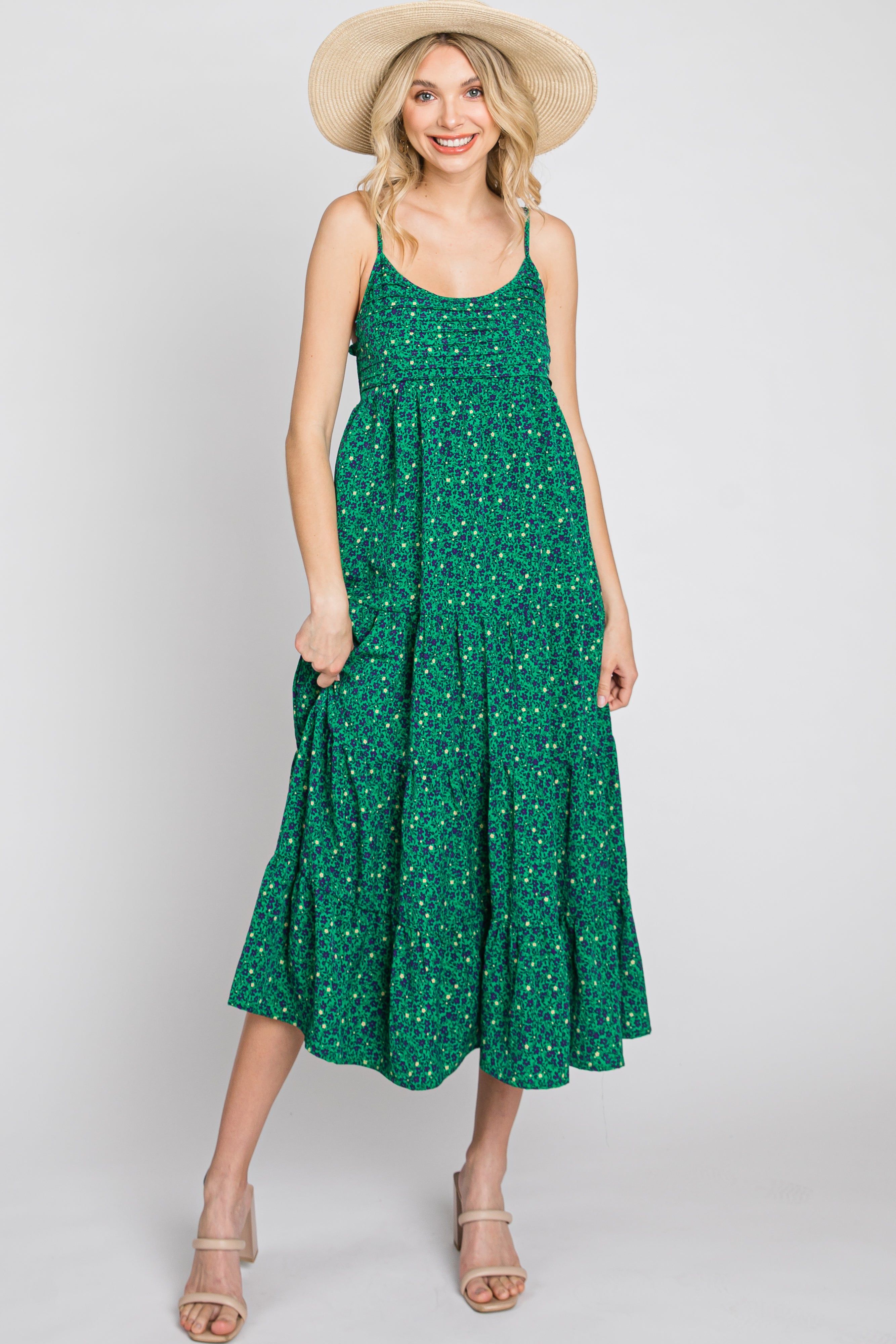 Green Floral Pleated Sleeveless Maternity Midi Dress sold by Pinkblush product image thumbnail 5