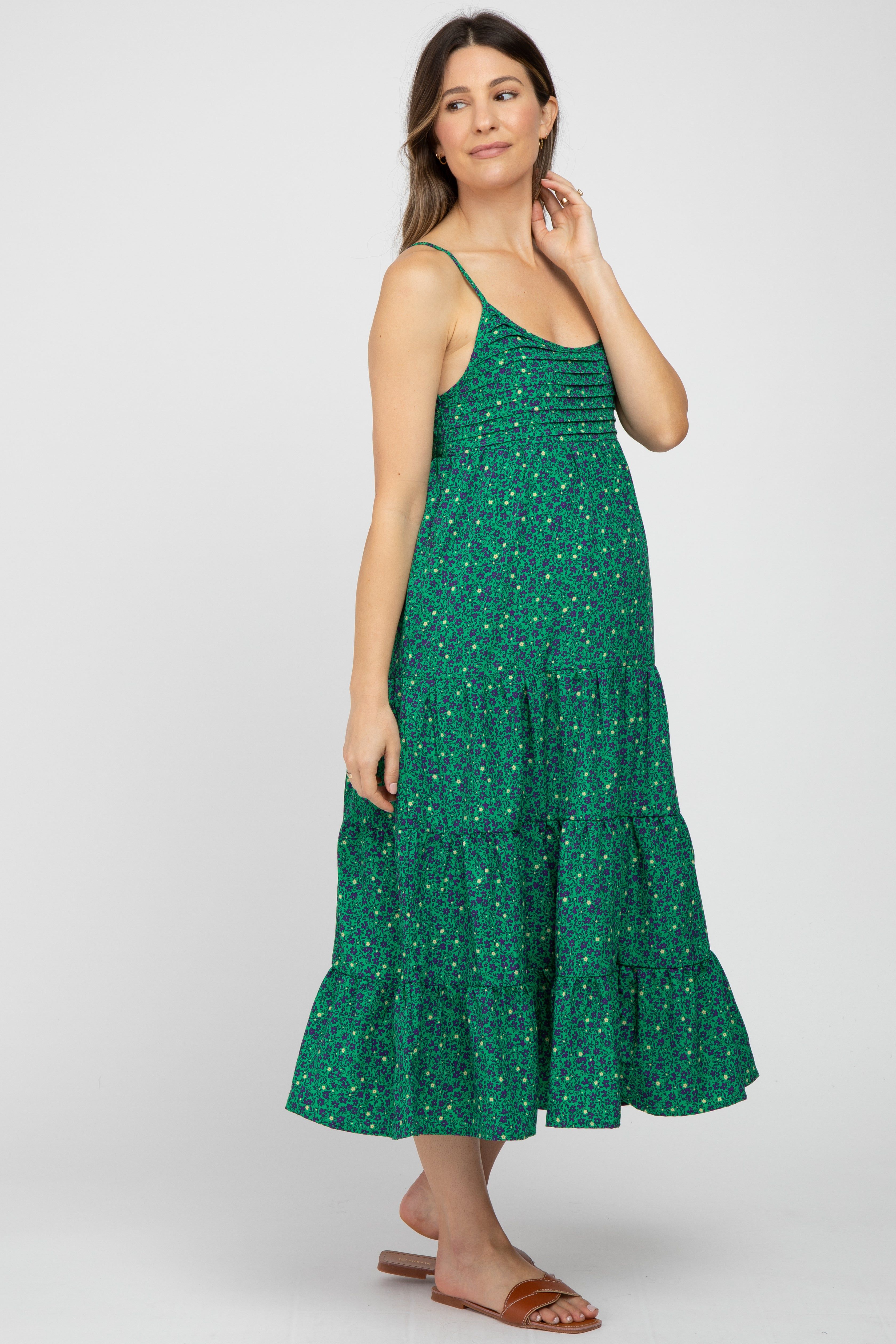 Green Floral Pleated Sleeveless Maternity Midi Dress sold by Pinkblush product image thumbnail 2
