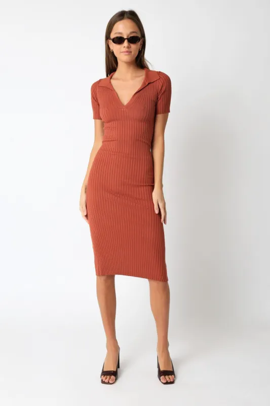 Rust Ribbed Collared V-Neck Midi Dress sold by Pinkblush