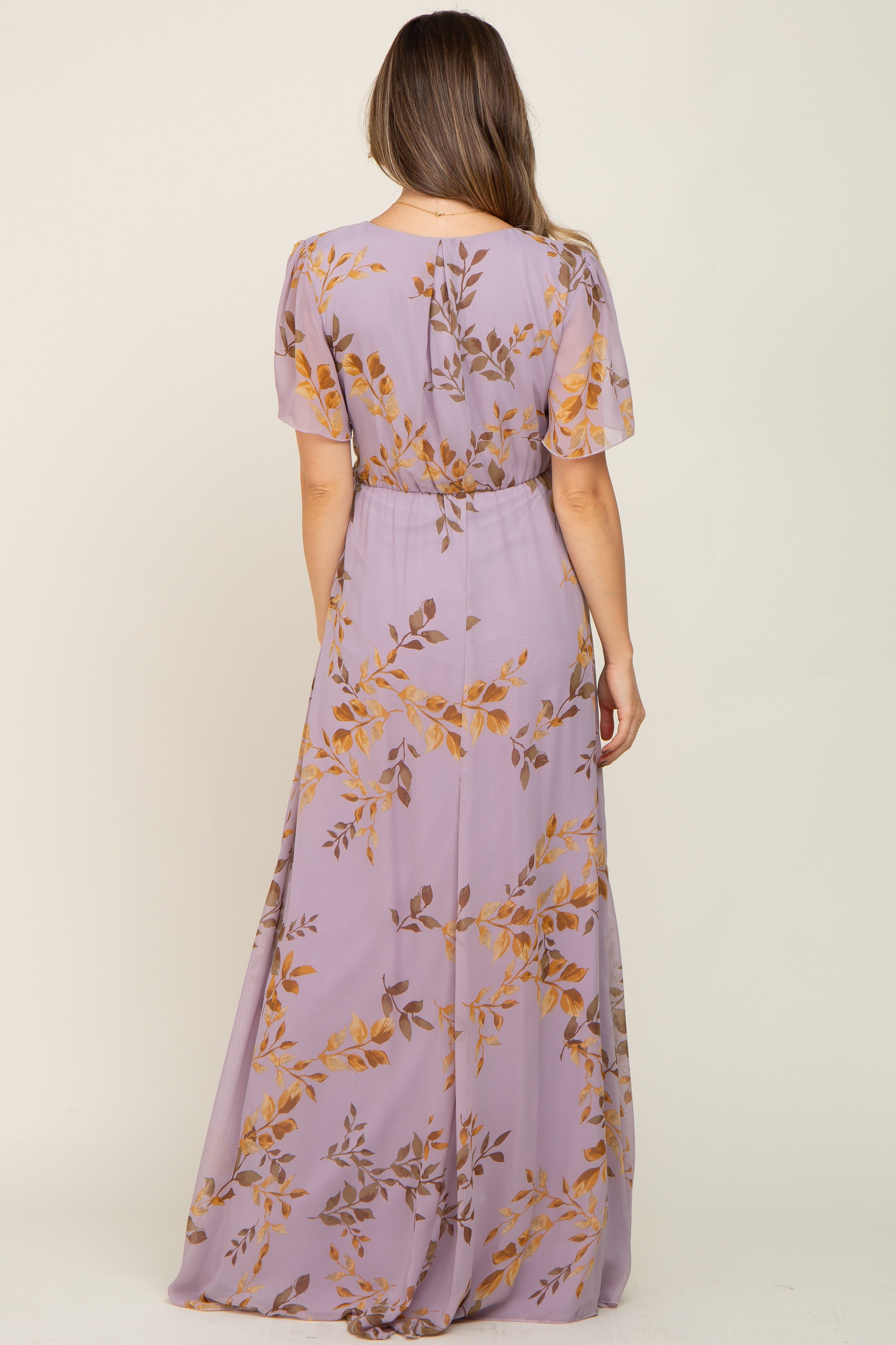 Lavender Floral Chiffon Wrap Front Short Sleeve Maternity Maxi Dress sold by Pinkblush product image thumbnail 3