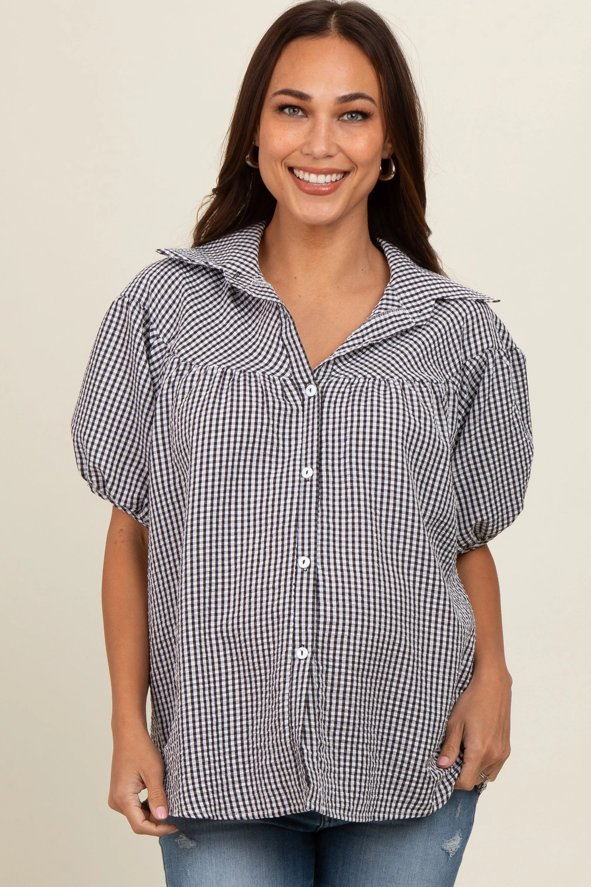 Black Plaid Button Down Maternity Top sold by Pinkblush