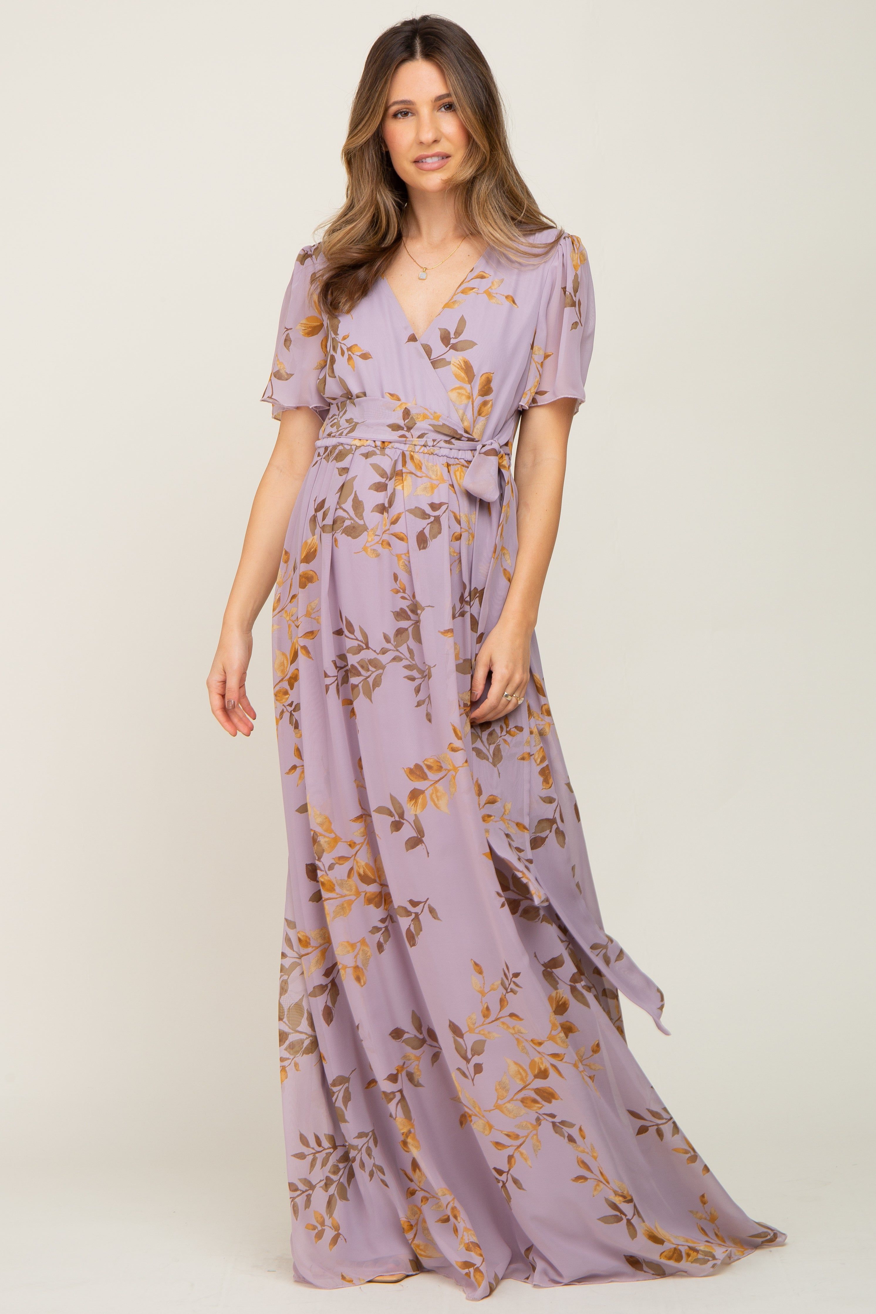 Lavender Floral Chiffon Wrap Front Short Sleeve Maternity Maxi Dress sold by Pinkblush