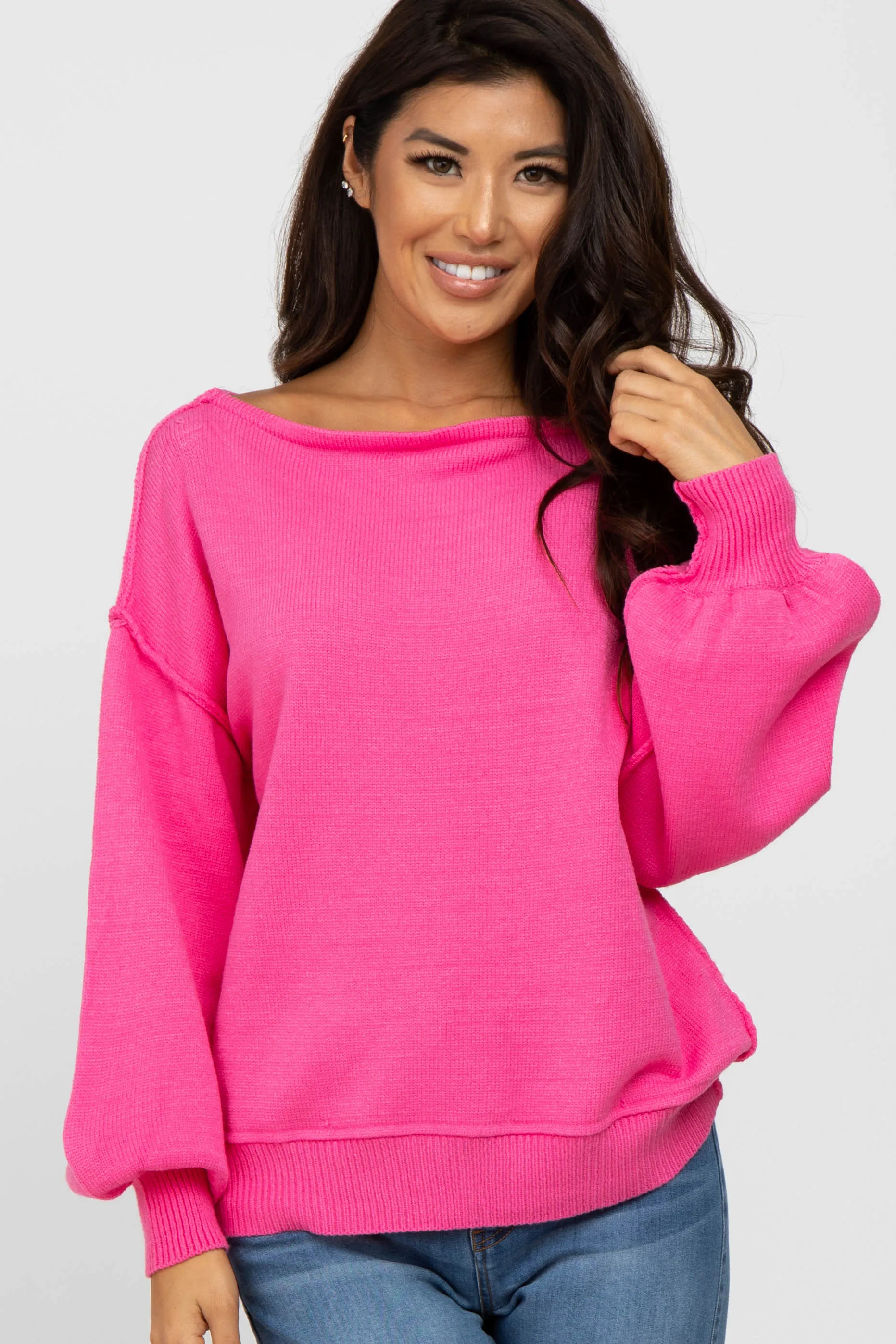 Fuchsia Boat Neck Bubble Sleeve Sweater sold by Pinkblush
