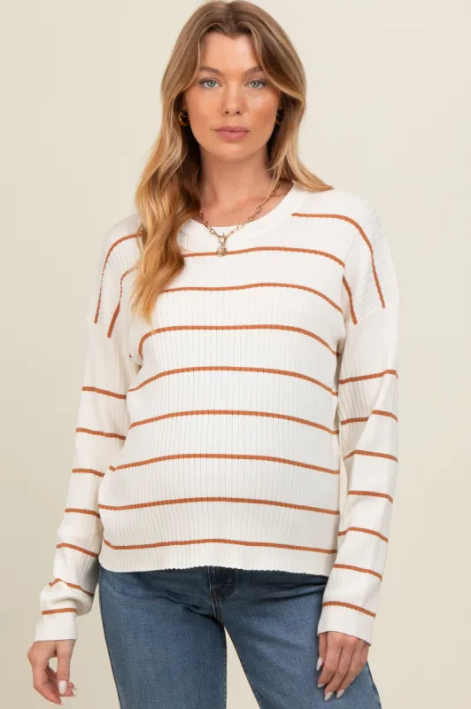 Cream Striped Ribbed Knit Long Sleeve Maternity Top sold by Pinkblush