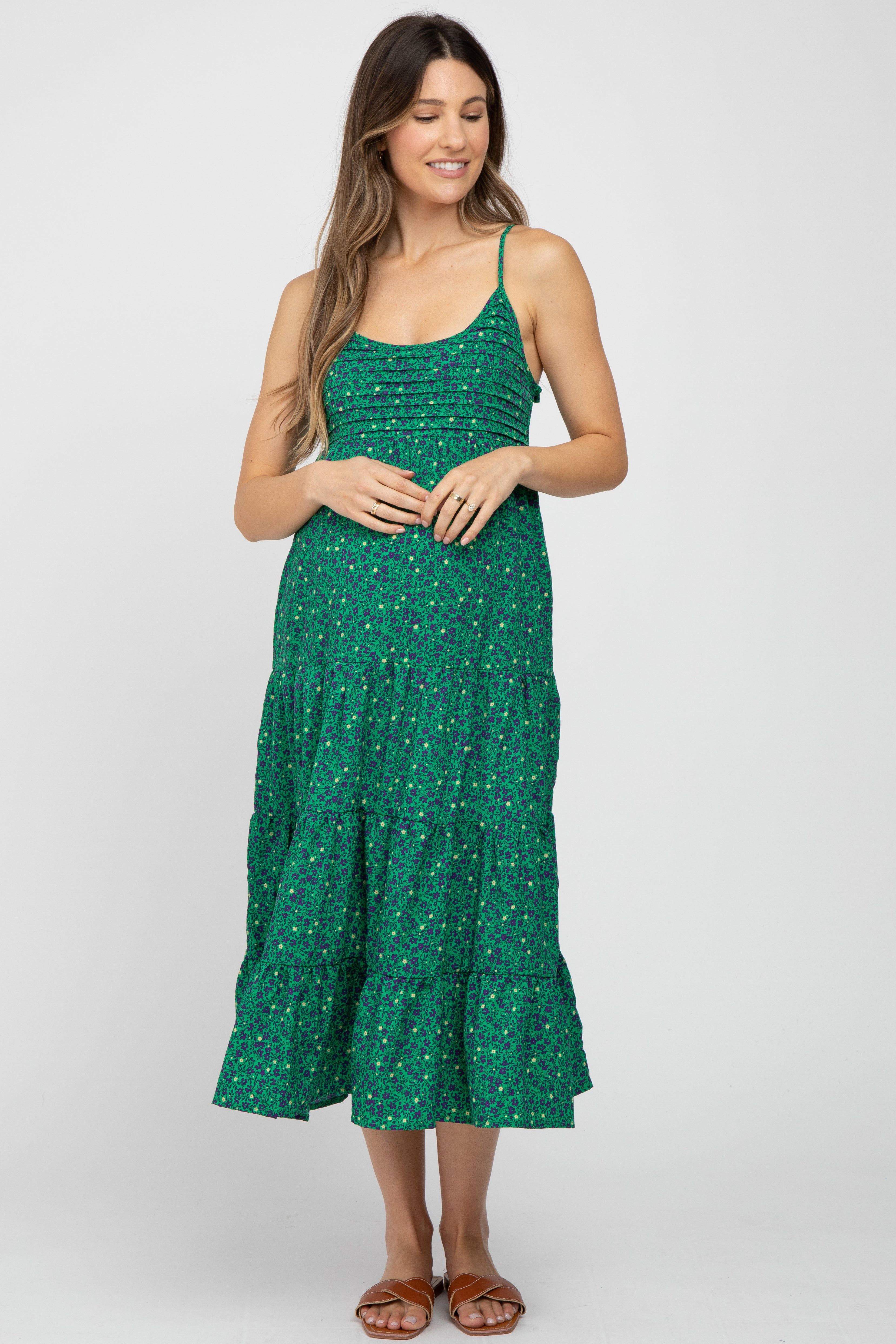 Green Floral Pleated Sleeveless Maternity Midi Dress sold by Pinkblush
